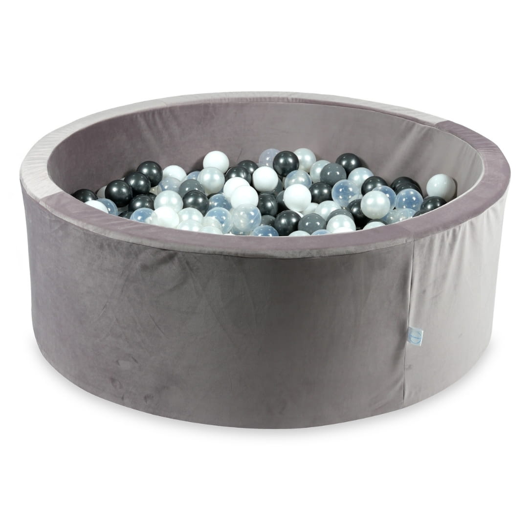 110x40 Samt-Bällebad in Flieder mit 500 Bällen (Perlmutt, Grau, Weiß, Transparent, Metallic-Graphit)