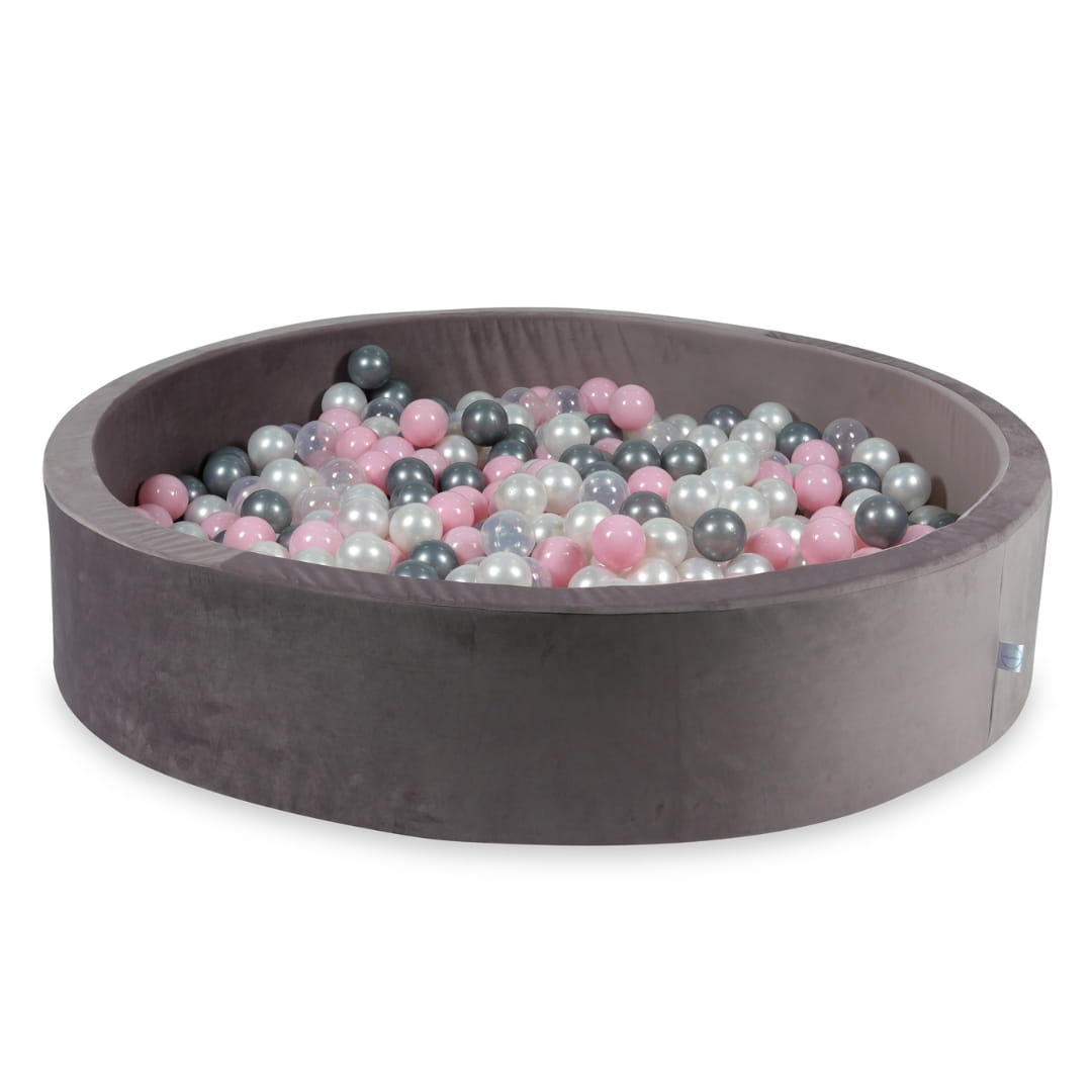 130x30 Samt-Bällebad in Flieder mit 600 Bällen (Perlmutt, Transparent, Silber, Hellrosa)