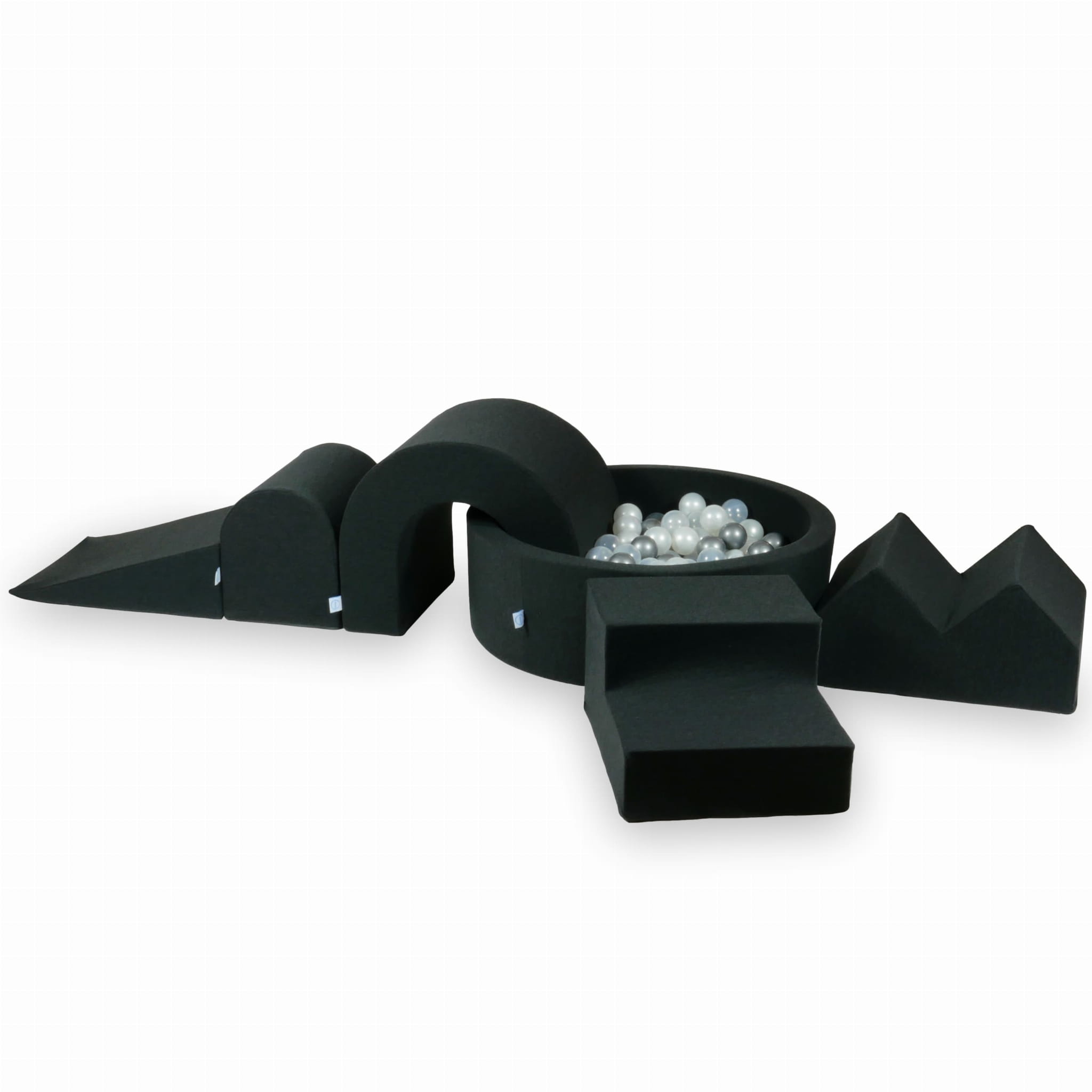 Schaumstoff-Spielbereich mit rundem 90x30 Graphit-Pool + 5 Elementen + 200 Bällen (transparent, perlmuttfarben, silber)