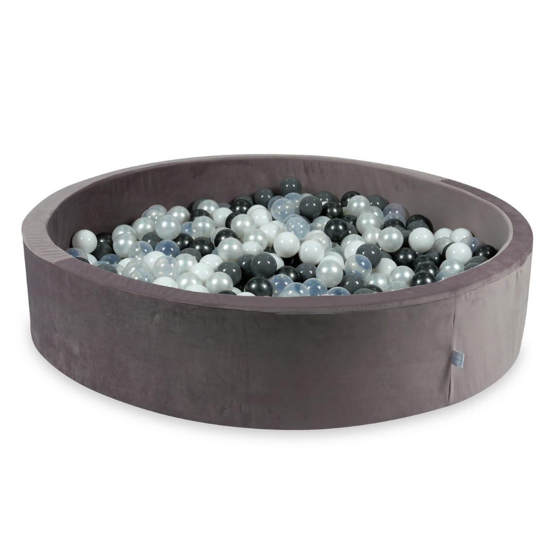 130x30 Samt-Bällebad in Flieder mit 600 Bällen (Perlmutt, Grau, Weiß, Transparent, Metallic-Graphit)