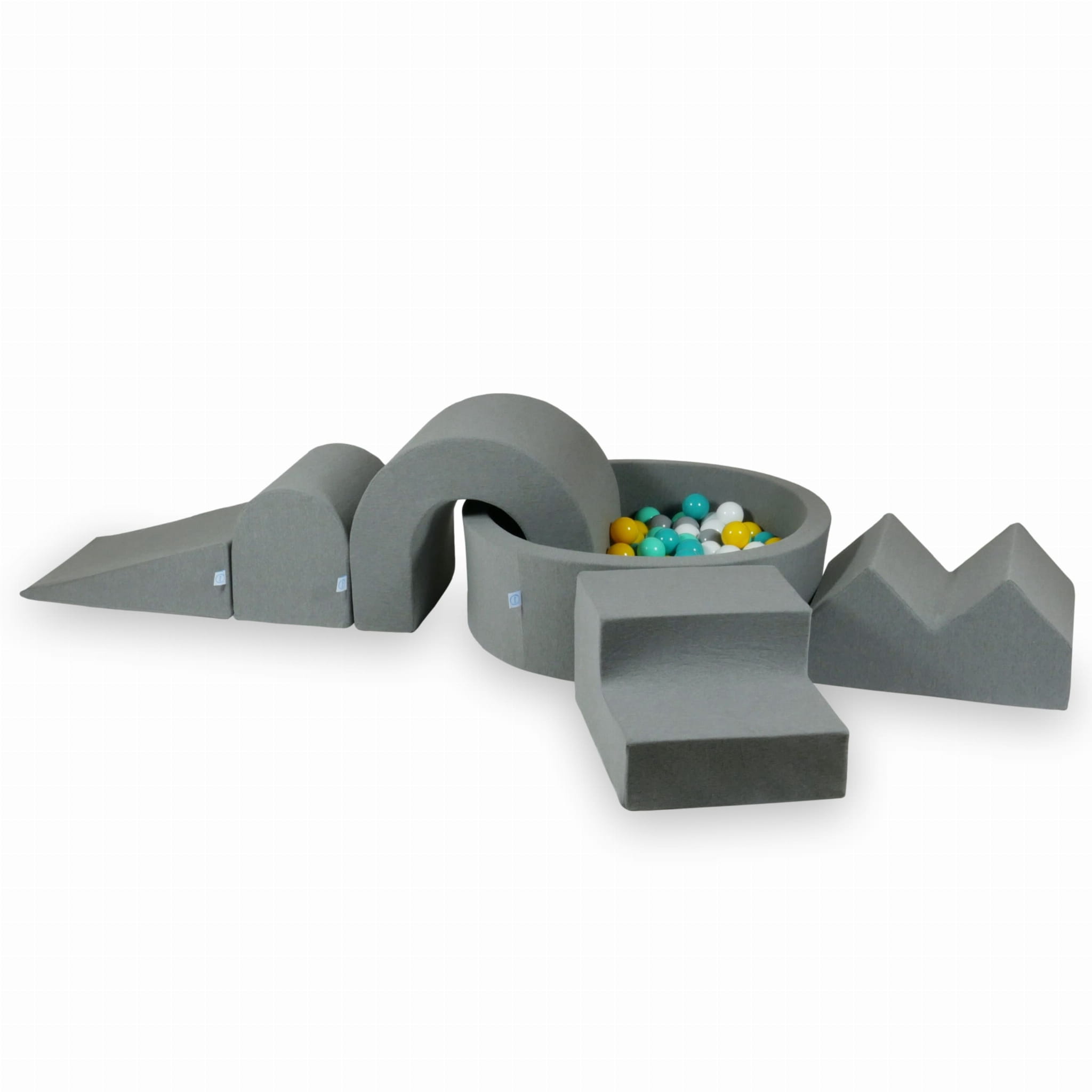 Schaumstoff-Spielbereich mit rundem 90x30 grauem Pool + 5 Elementen + 200 Bällen (weiß, grau, gelb, mintgrün, türkis)