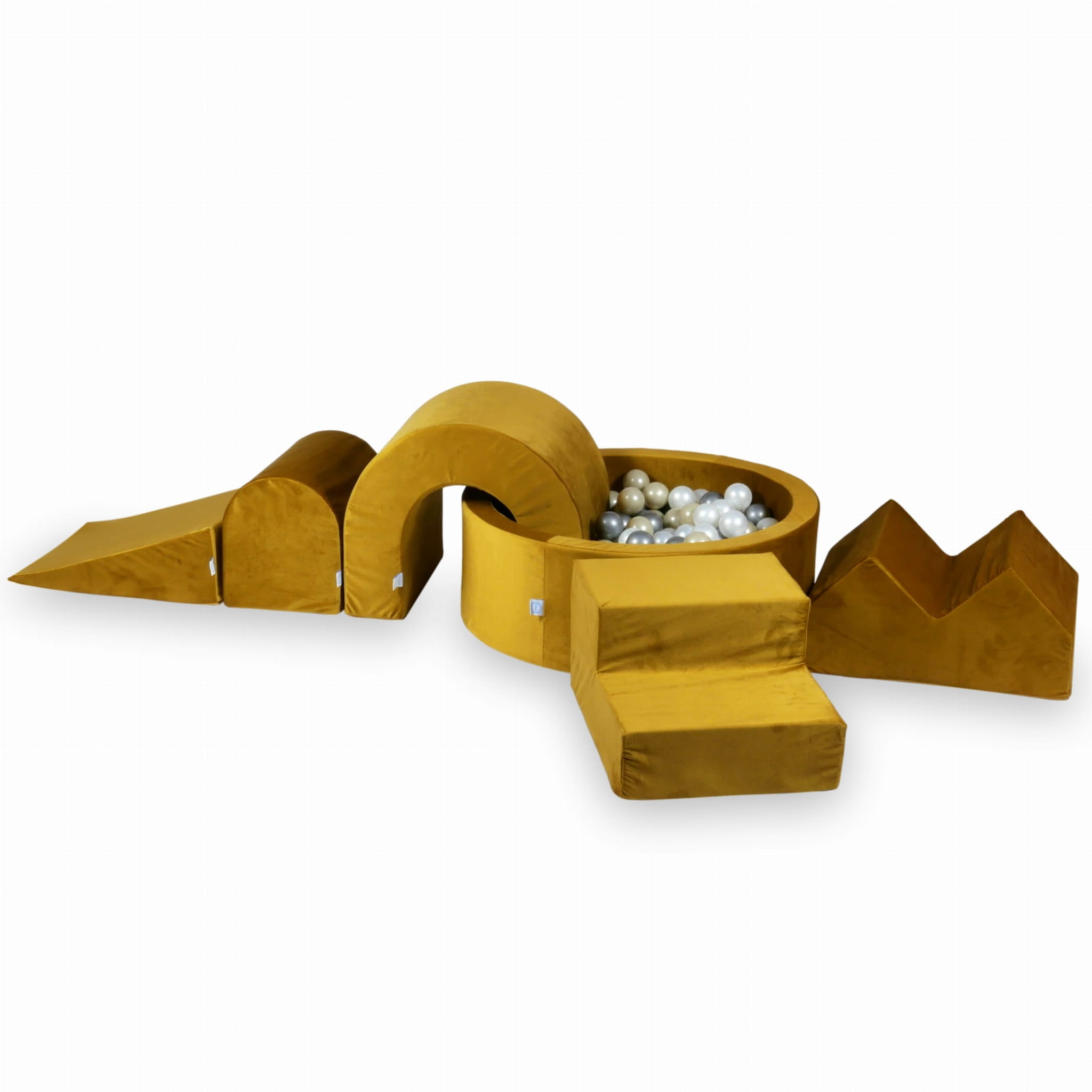 Schaumstoff-Spielbereich mit rundem 90x30 Velvet Gold Pool + 5 Elementen + 200 Bällen (Perlmutt, Silber, Hellgold)
