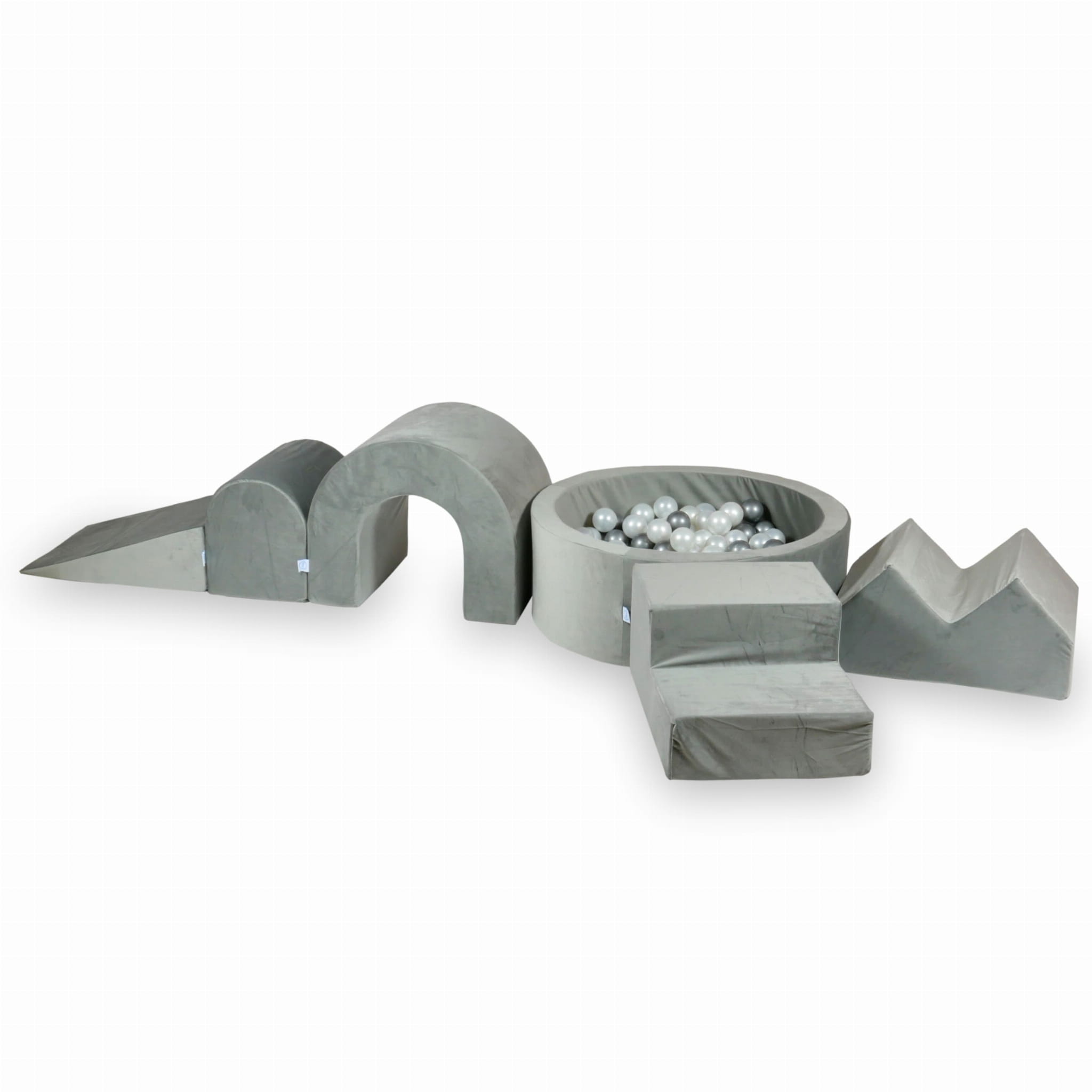 Schaumstoff-Spielbereich mit rundem 90x30 Velvet Grey Pool + 5 Elementen + 200 Bällen (Perlmutt, Silber)
