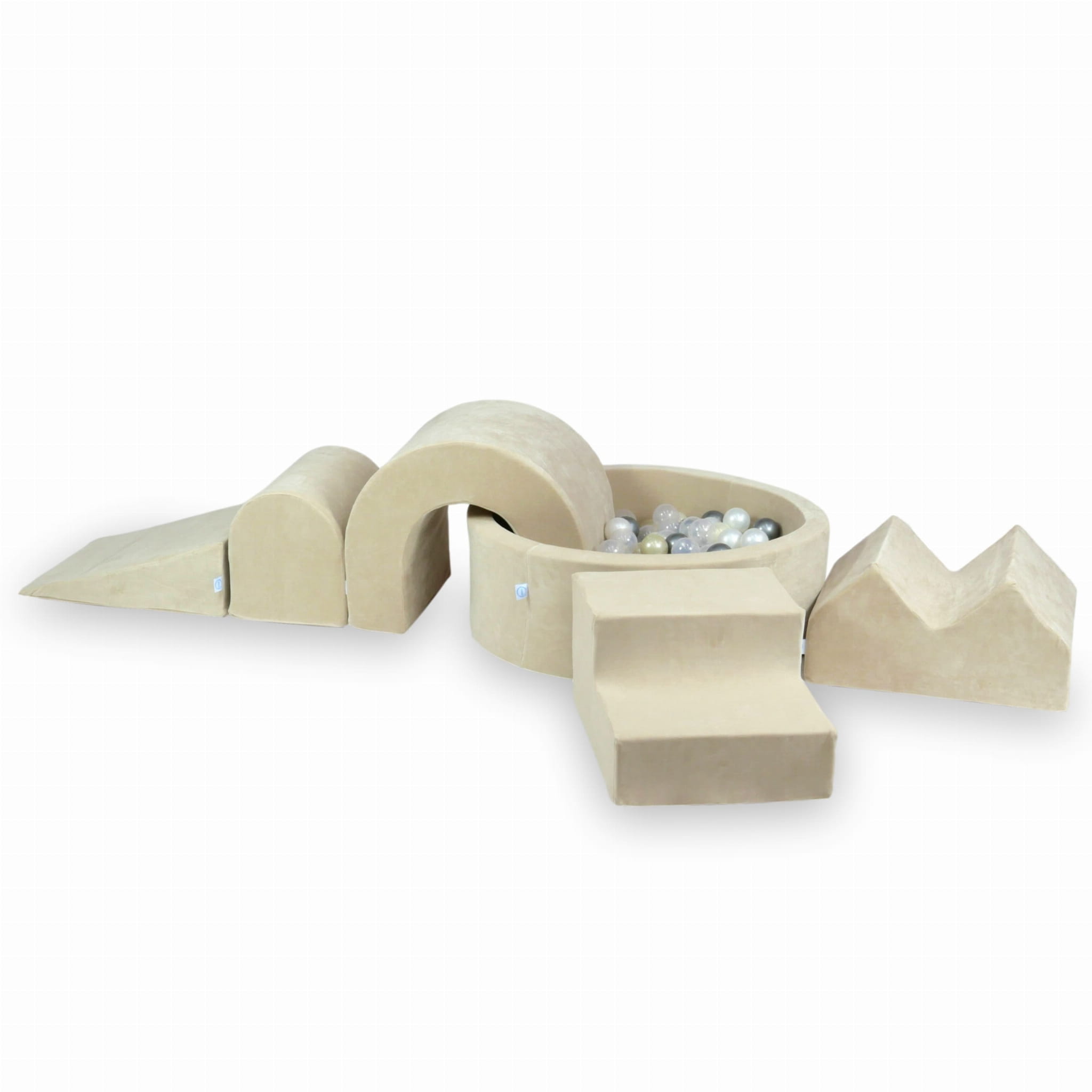 Schaumstoff-Spielbereich mit rundem Pool 90x30 Velvet Soft Beige + 5 Elemente + 200 Bälle (transparent, perlmuttfarben, silber, hellgold)