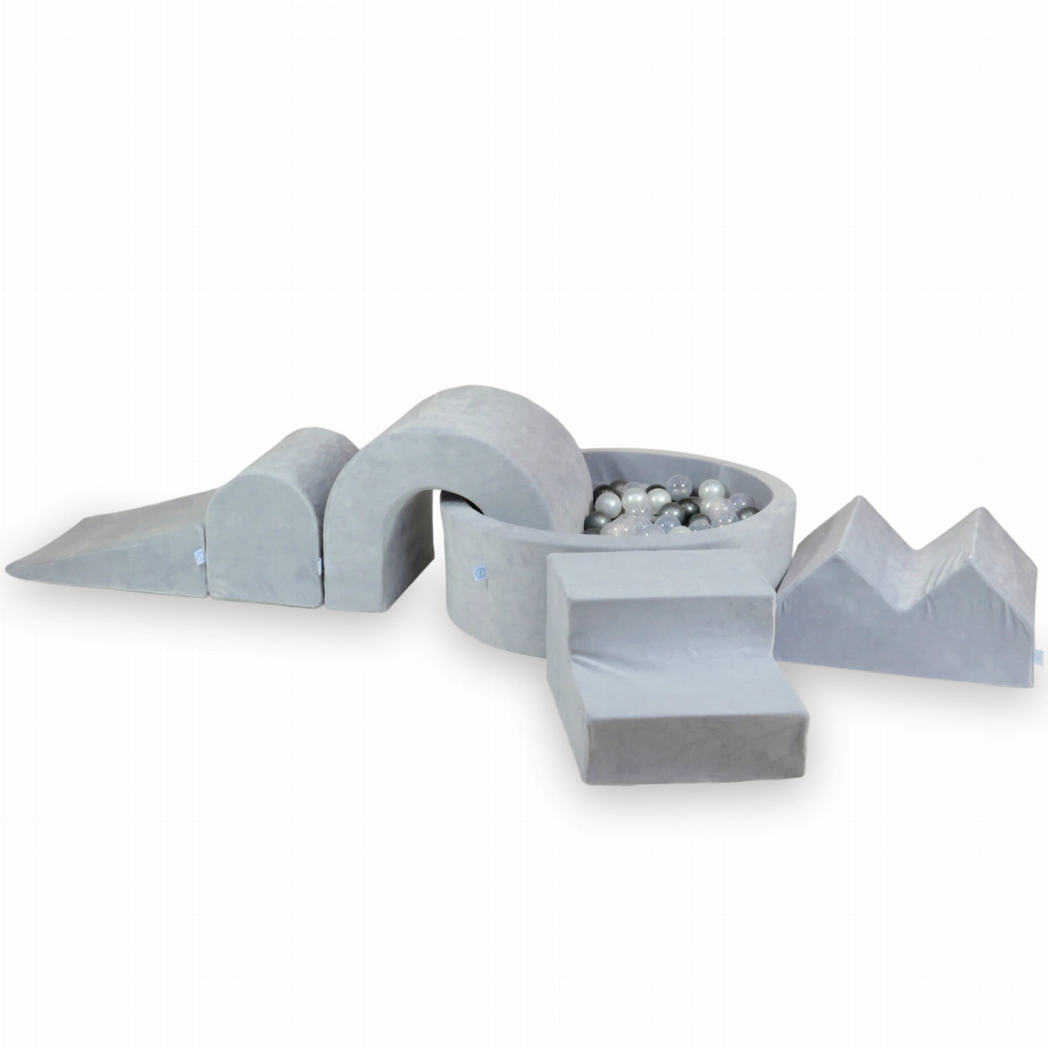 Schaumstoff-Spielbereich mit rundem Pool 90x30 Velvet Soft Hellgrau + 5 Elemente + 200 Bälle (transparent, perlmuttartig, silber, metallisch-graphit)
