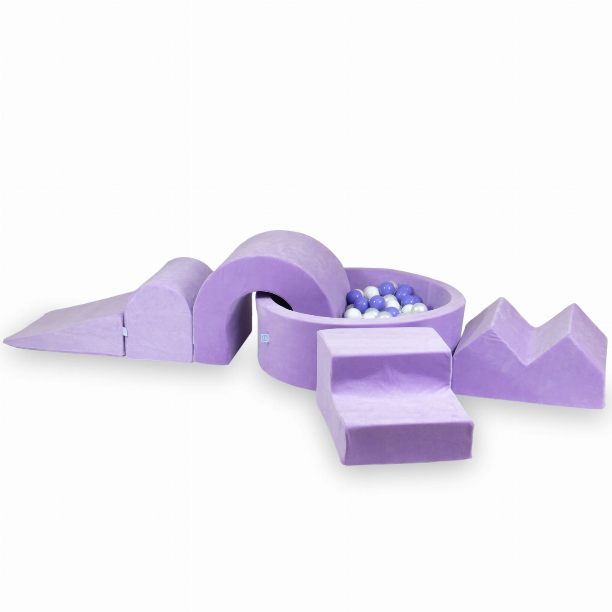 Schaumstoffspielbereich mit rundem Pool 90x30 Velvet Soft Violet + 5 Elemente + 200 Bälle (weiß, perlmuttfarben, mauve)