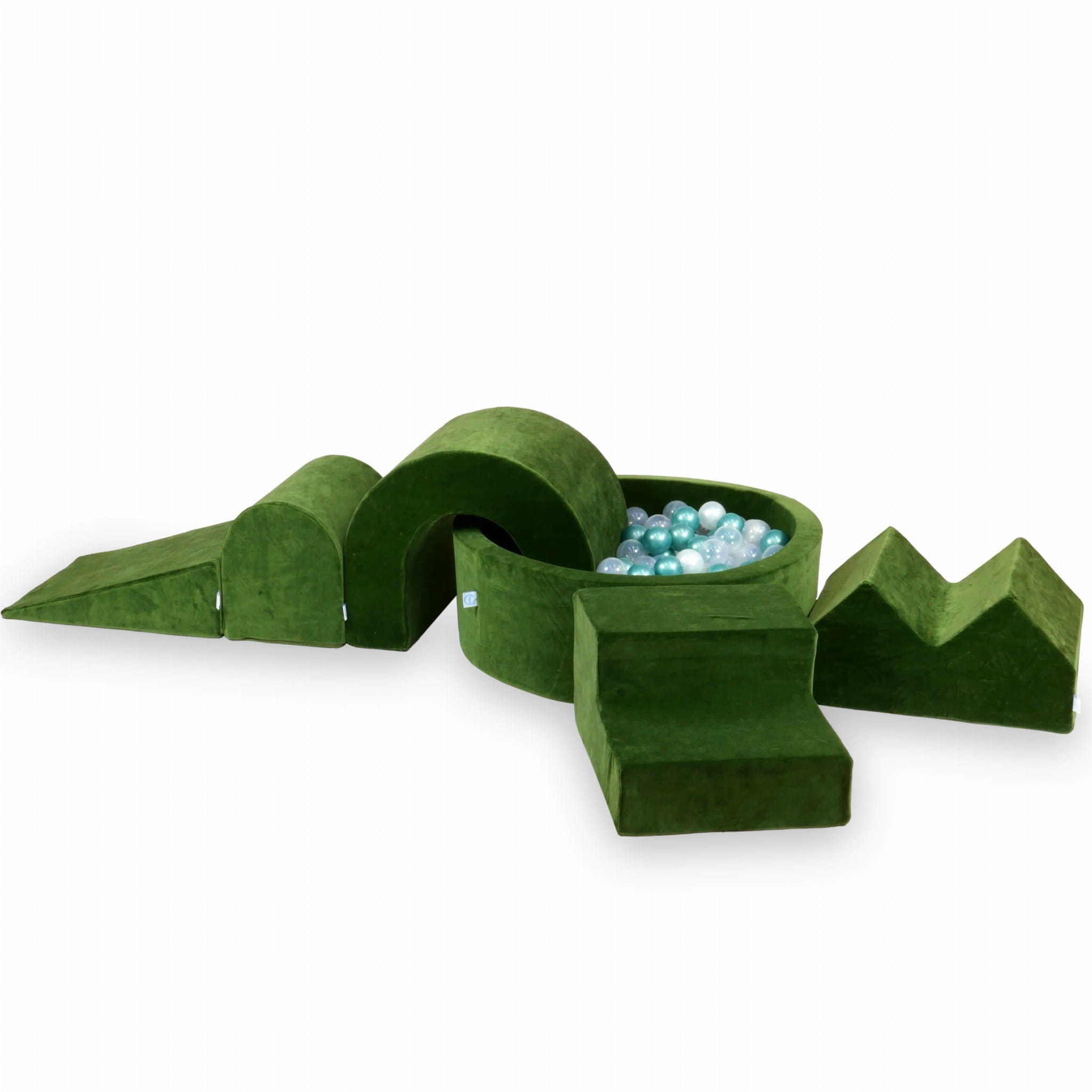 Schaumstoffspielbereich mit rundem Pool 90x30 Velvet Soft Olive + 5 Elemente + 200 Bälle (transparent, perlmuttartig, metallisch türkis)