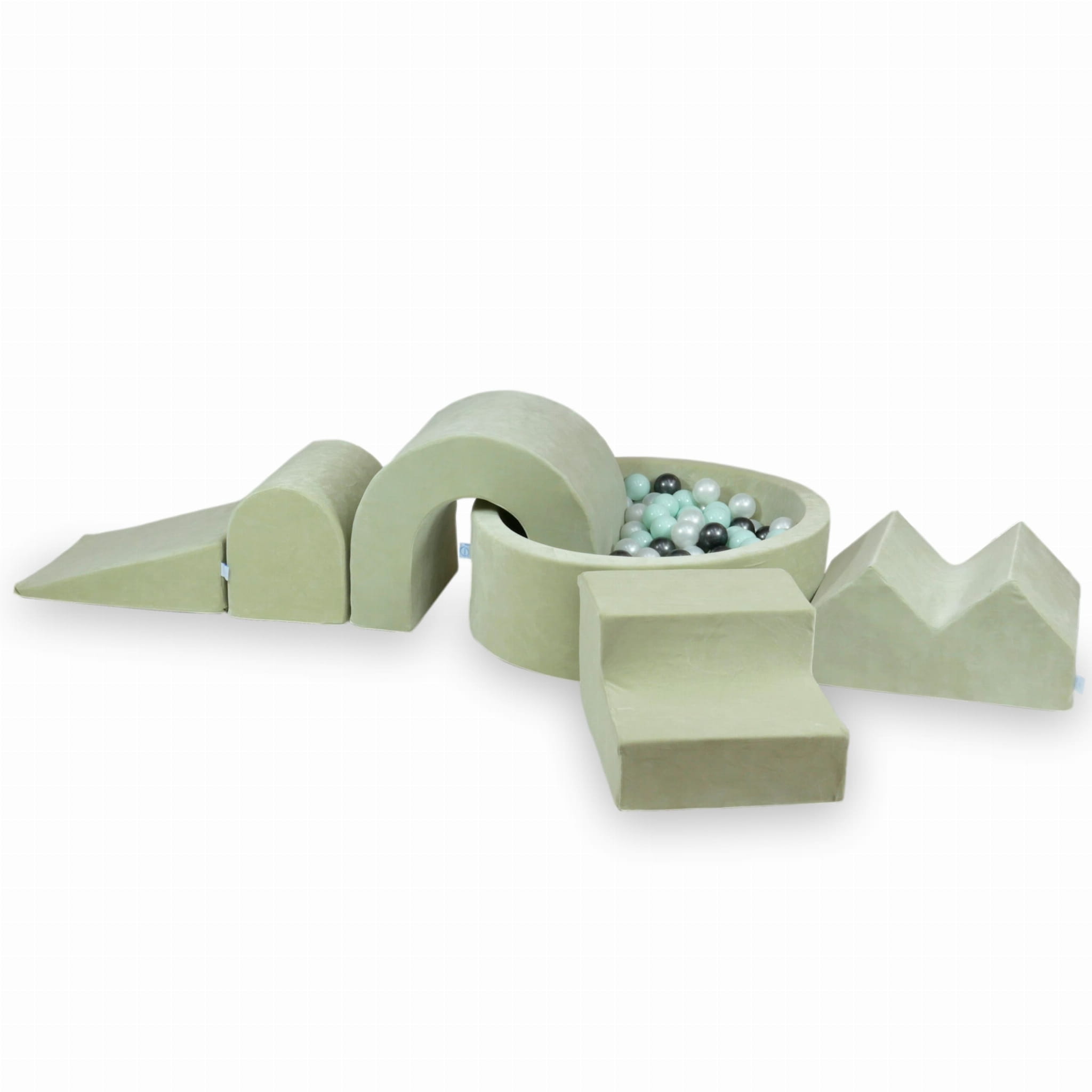 Schaumstoff-Spielbereich mit rundem Pool 90x30 Velvet Soft Light Mint + 5 Elemente + 200 Bälle (perlmuttfarben, hellmintgrün, metallisch-graphit)