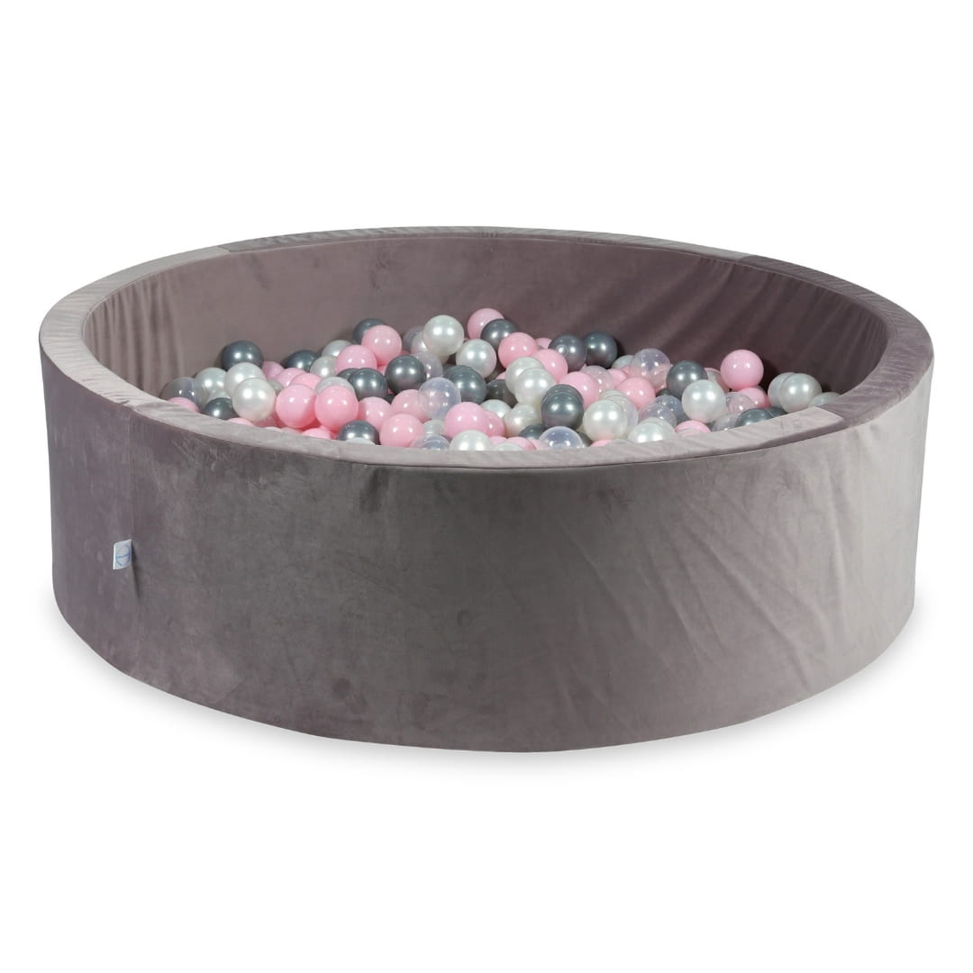 130x40 Samt-Bällebad in Flieder mit 700 Bällen (Perlmutt, Transparent, Silber, Hellrosa)