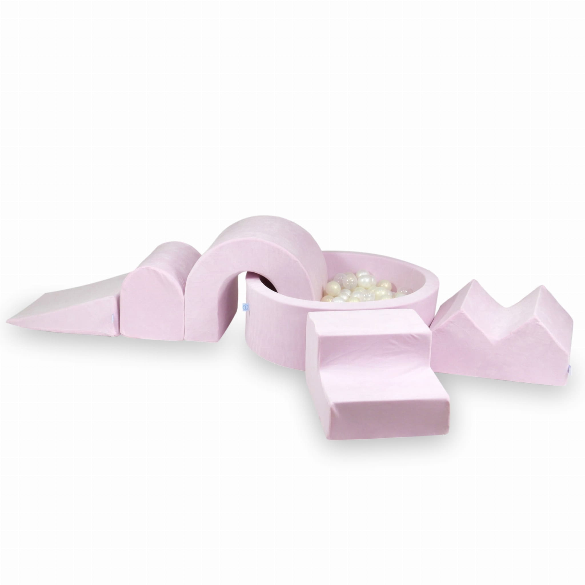 Schaumstoff-Spielbereich mit rundem Pool 90x30, samtweiches Hellrosa + 5 Elemente + 200 Bälle (transparent, perlmuttartig, opalisierend)