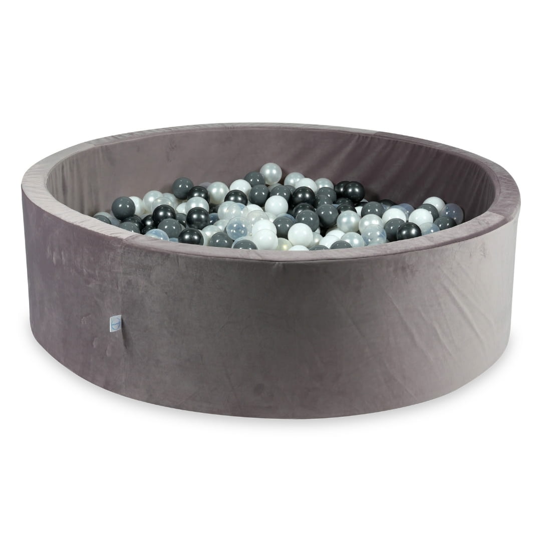 130x40 Samt-Bällebad in Flieder mit 700 Bällen (Perlmutt, Grau, Weiß, Transparent, Metallic-Graphit)