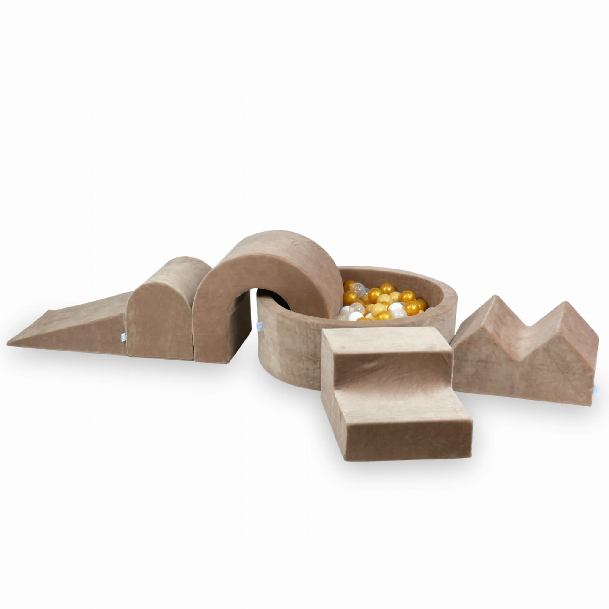 Schaumstoff-Spielbereich mit rundem Pool 90x30, samtweich, dunkelbeige + 5 Elemente + 200 Bälle (transparent, weiß, beige, gold)