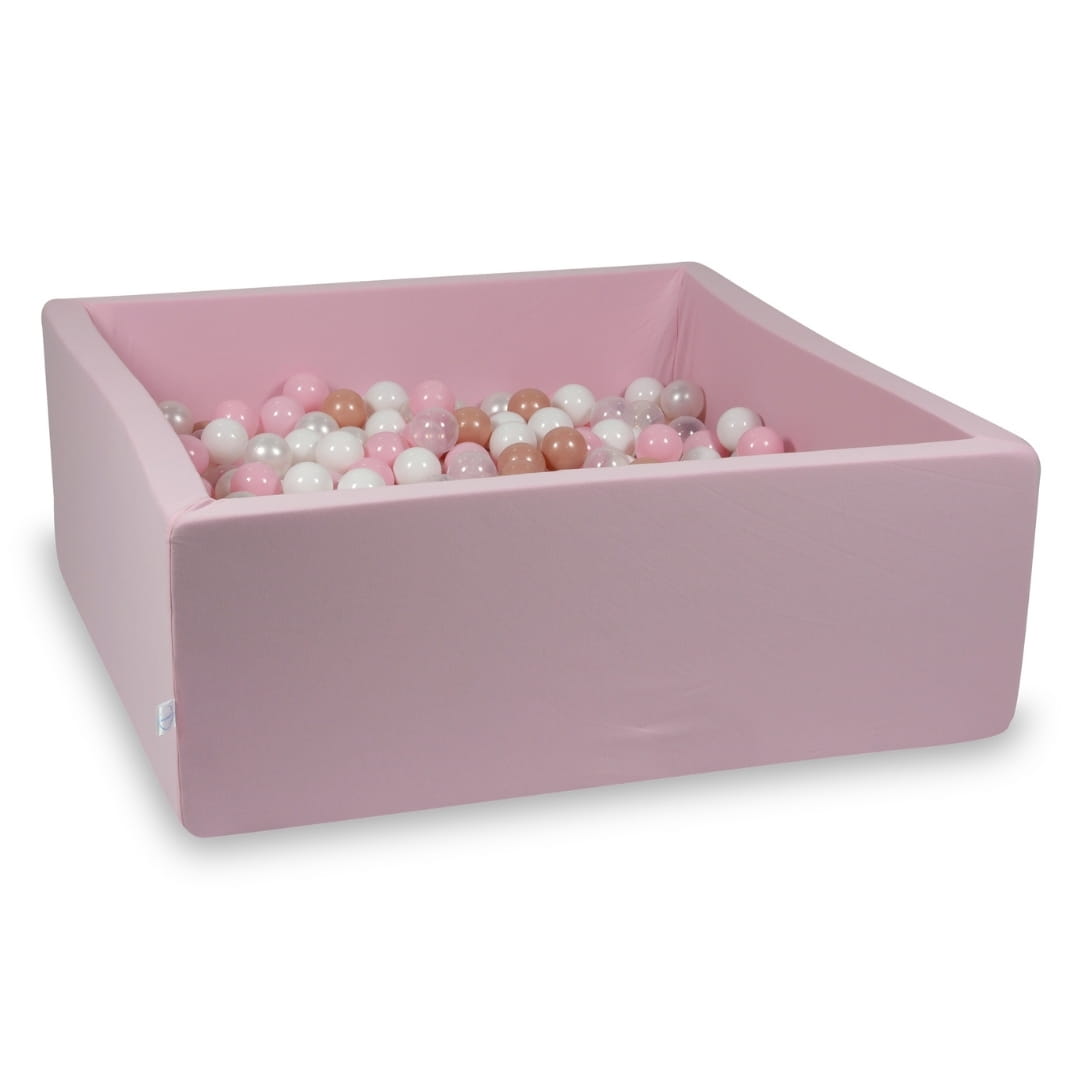 Bällebad 110x110x40 cm, puderrosa, mit 600 Bällen (transparent, weiß, perlmuttfarben, hellrosa, roségolden)
