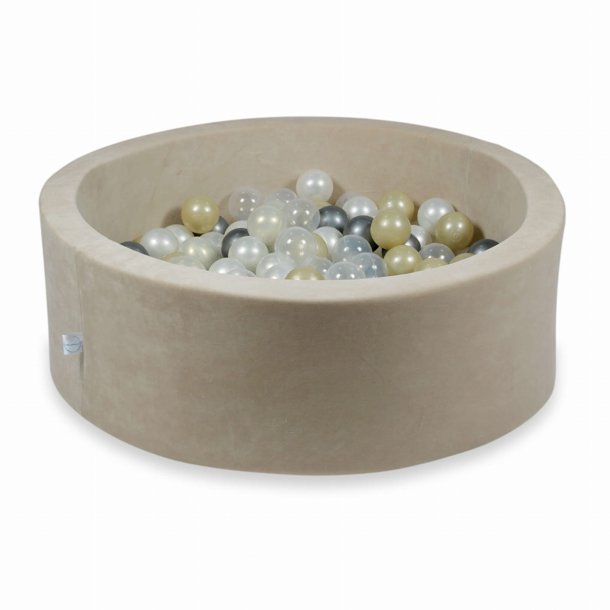 90x30cm Samtweiches beiges Bällebad mit 200 Bällen (hellgold, irisierend, perlmuttfarben, transparent, silber)