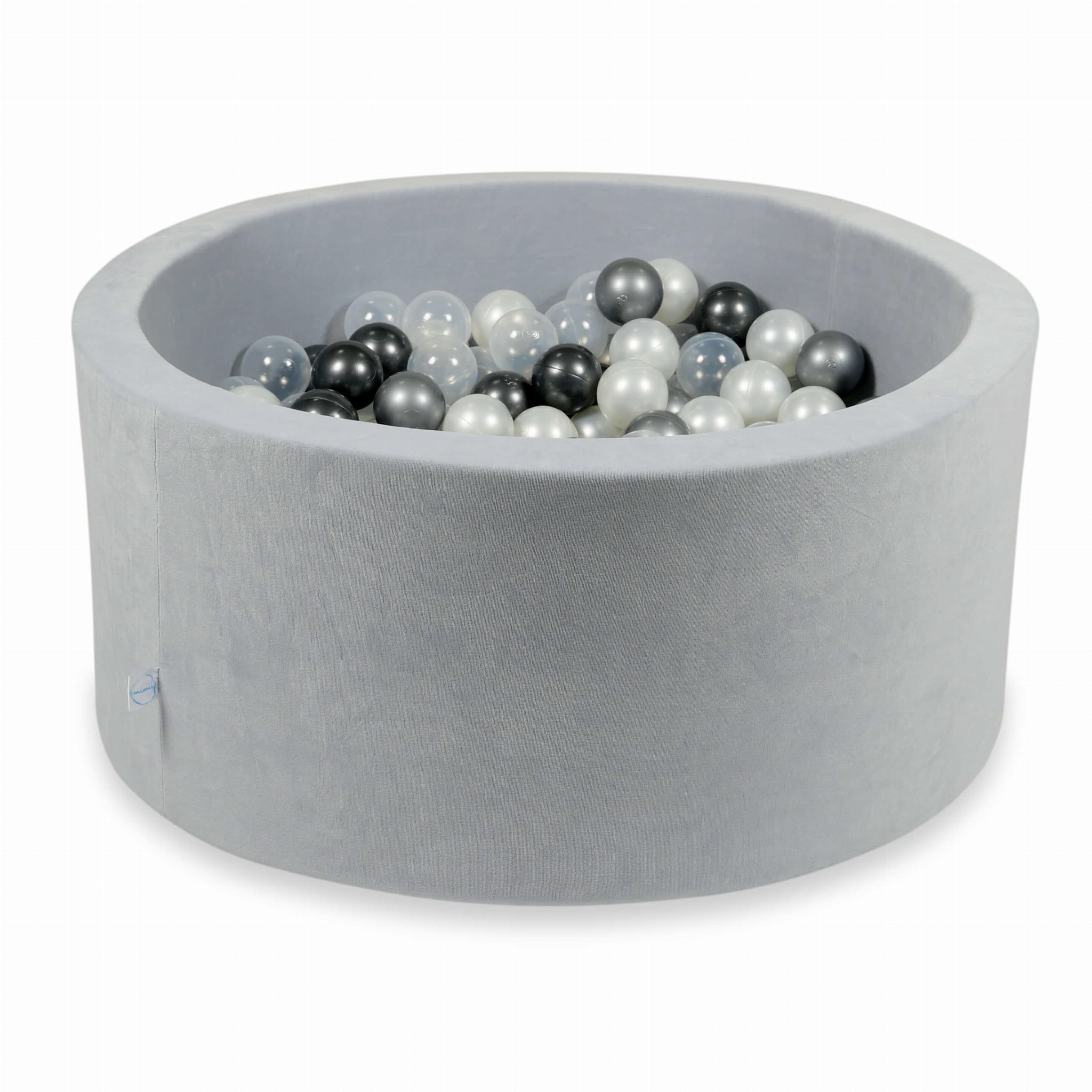 90x40 Velvet Soft hellgraues Bällebad mit 300 Bällen (Perlmutt, transparent, Metallic-Graphit, Silber)