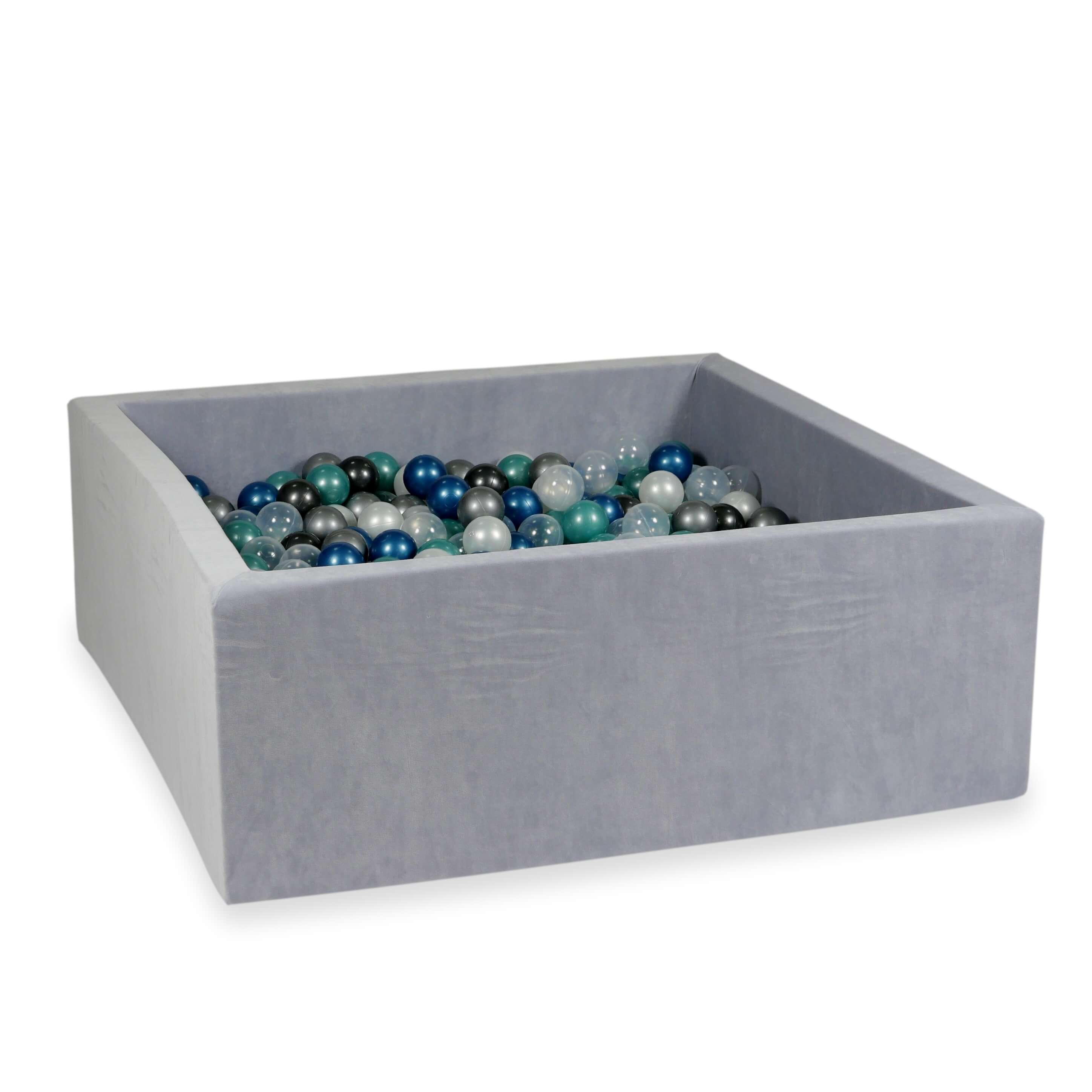 110x110x40 Velvet Soft hellgraues Bällebad mit 600 Bällen (metallic türkis, metallic blau, silber, metallic graphit, transparent, perlmutt)