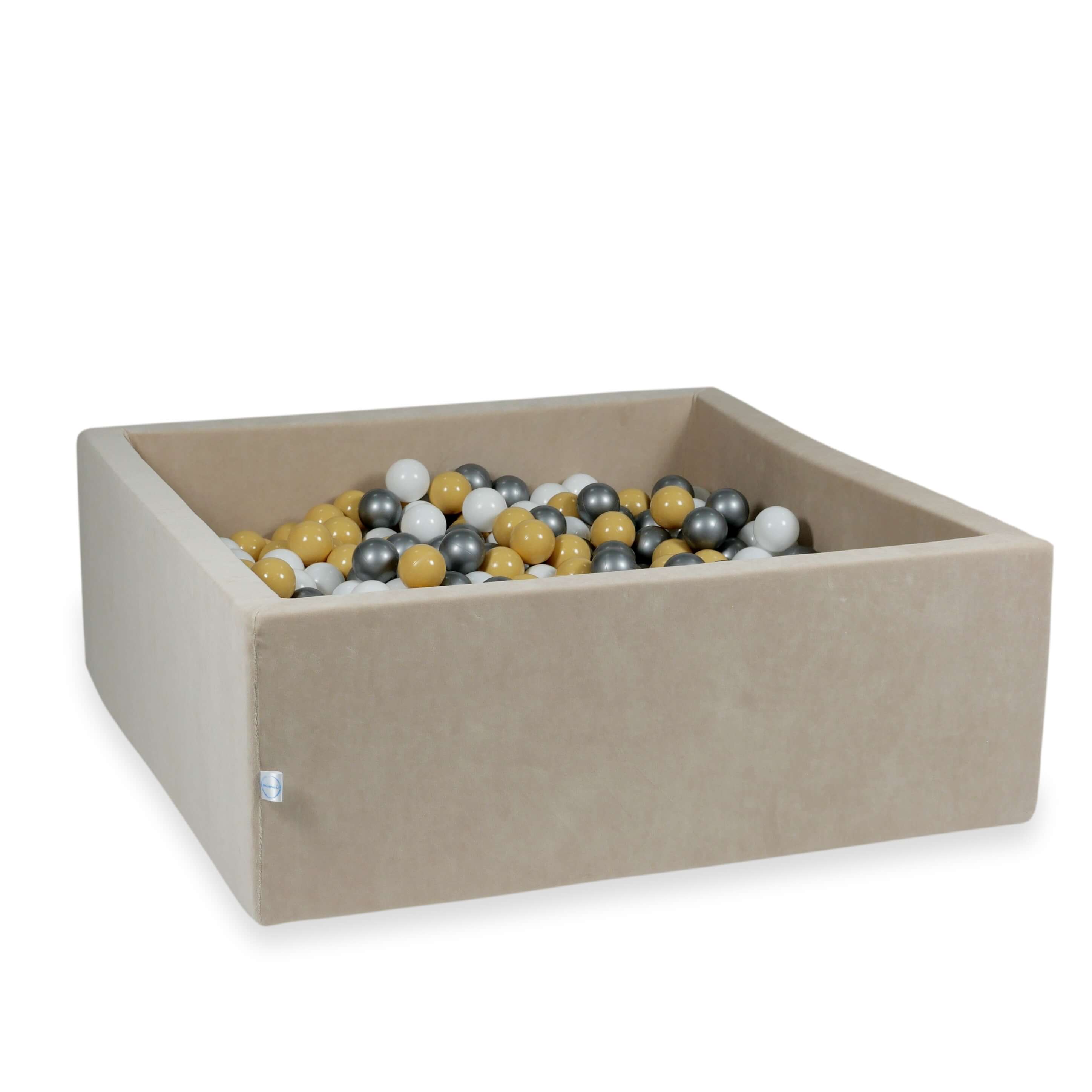 Bällebad 110x110x40 Samtweich beige mit 600 Bällen (beige, weiß, silber)