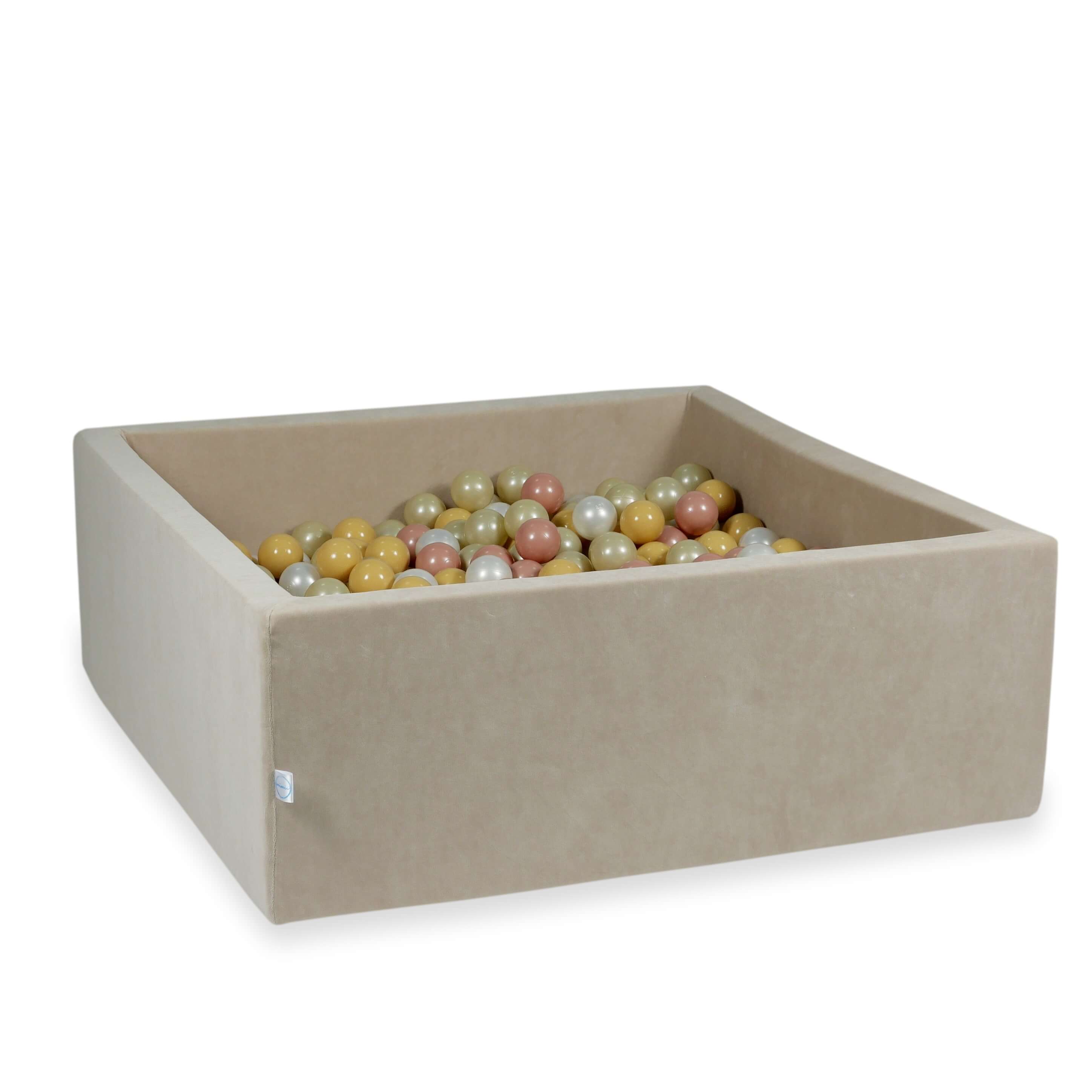 Bällebad 110x110x40 Samtweiches Beige mit 600 Bällen (Hellgold, Perlmutt, Beige, Roségold)