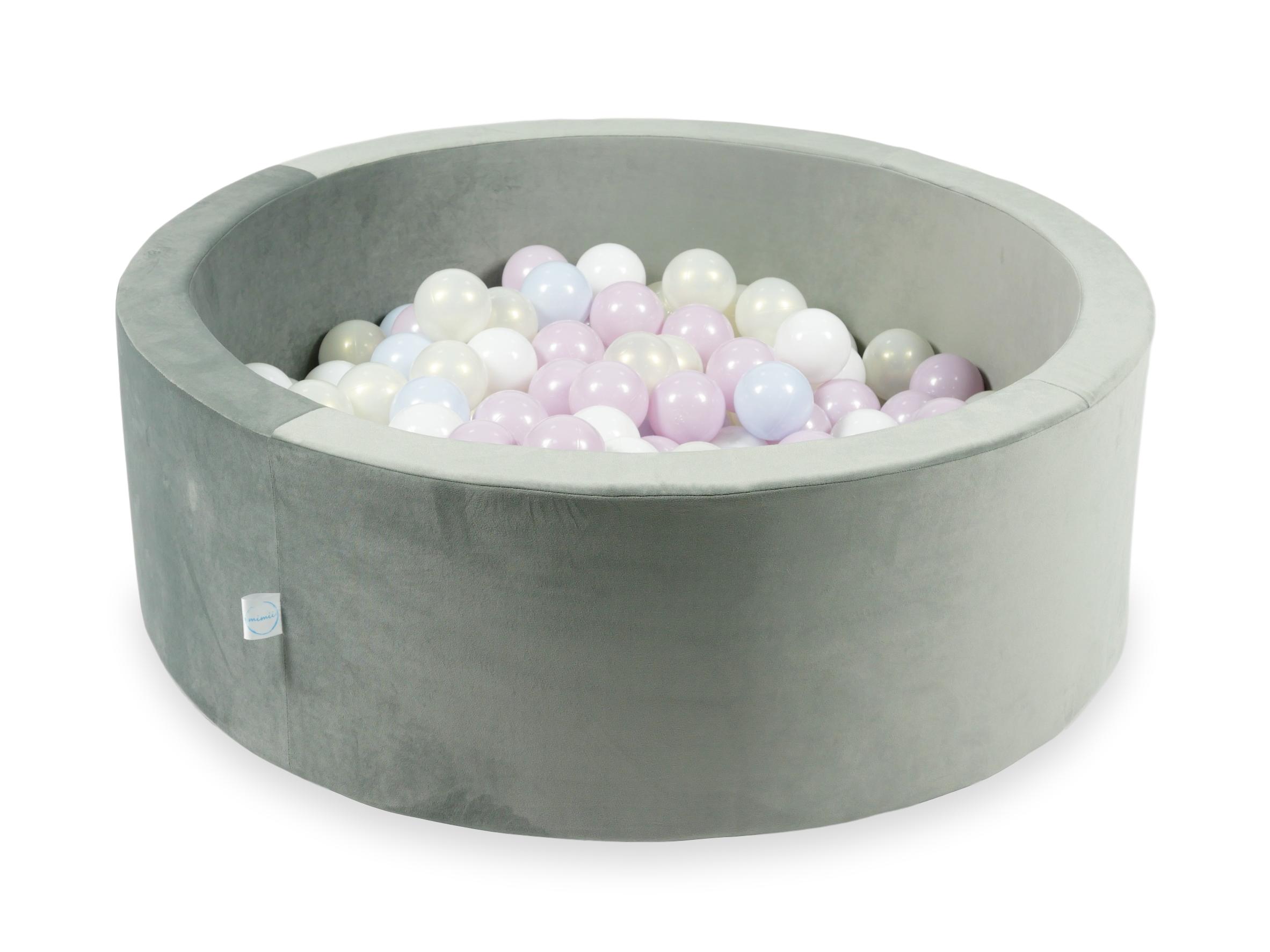 Schaumstoffspielbereich mit Hügel und Pool, grauer Mikrosamt + 100 Bälle (silber, perlmutt, roségold)