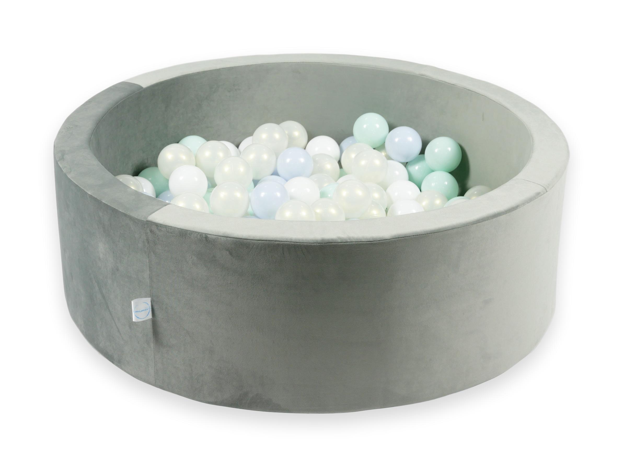 Schaumstoffspielbereich mit Hügel und Pool, grauer Mikrosamt + 100 Bälle (silber, perlmutt, roségold)