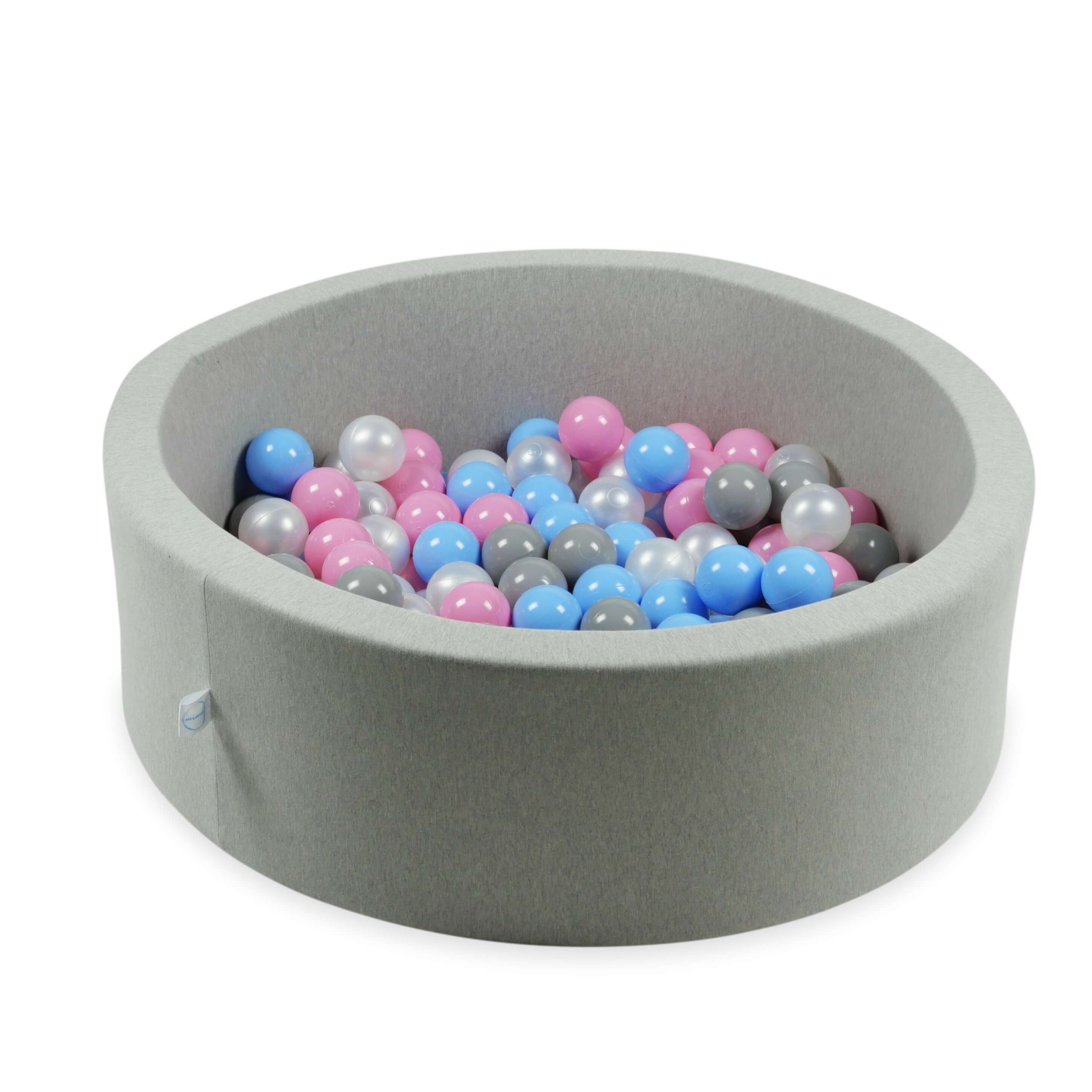 25 Spielbälle mit 7 cm Durchmesser in den Farben Perlmutt, Grau, Hellblau und Puderrosa