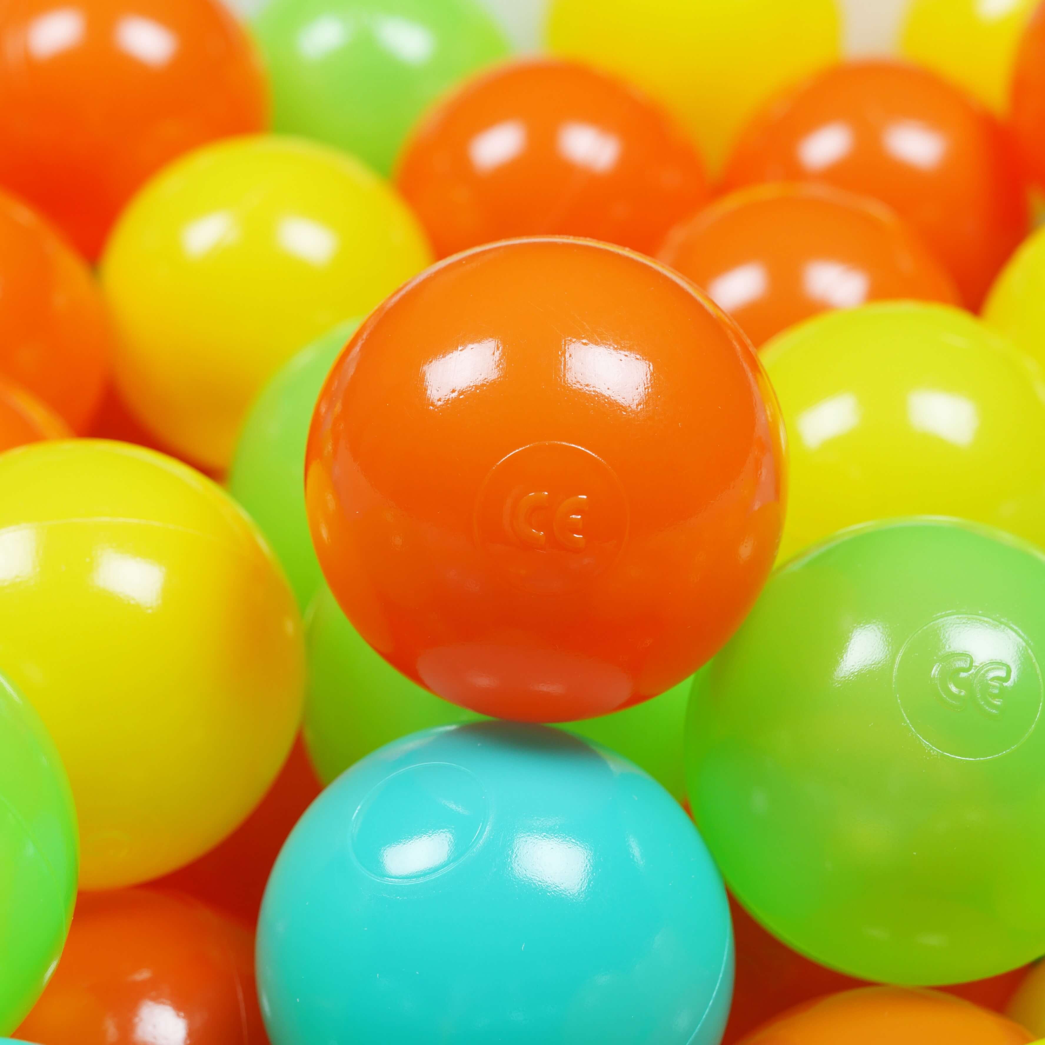 25 Spielbälle, 7 cm Durchmesser, gelb, orange, hellgrün, türkis