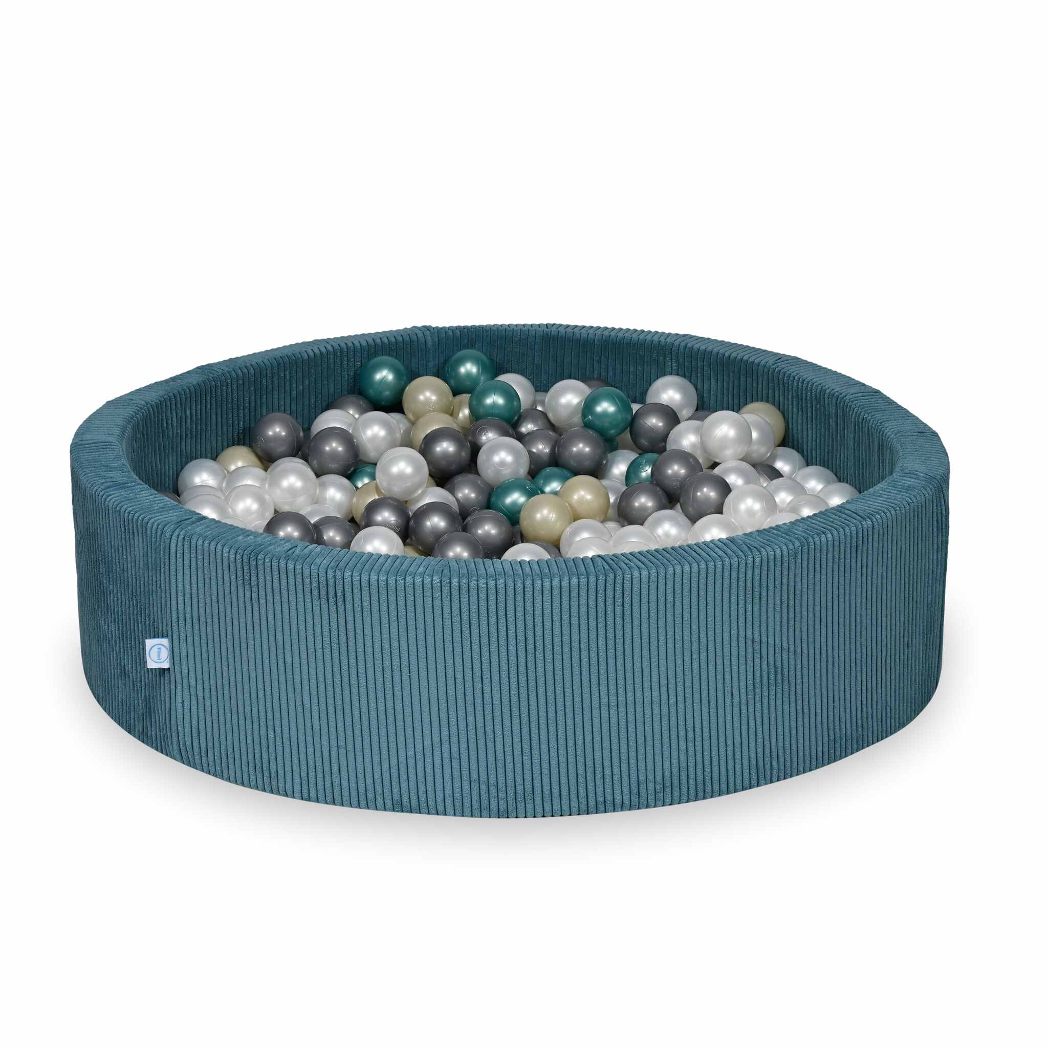 Rundes Bällebad aus blauem Cord, 110 x 30 cm – 400 Bälle (Perlmutt, Silber, Hellgold, Metallic-Türkis)