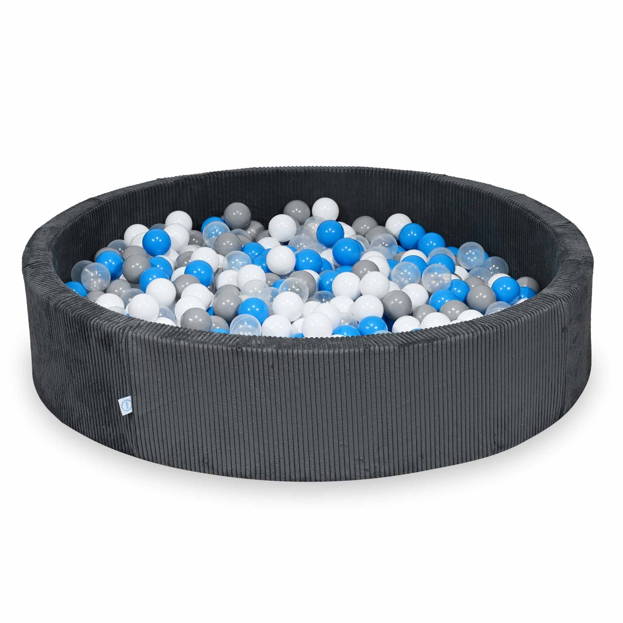 Rundes Bällebad aus graphitfarbenem Cord, 130 x 30 cm – 600 Bälle (transparent, weiß, grau, hellblau)
