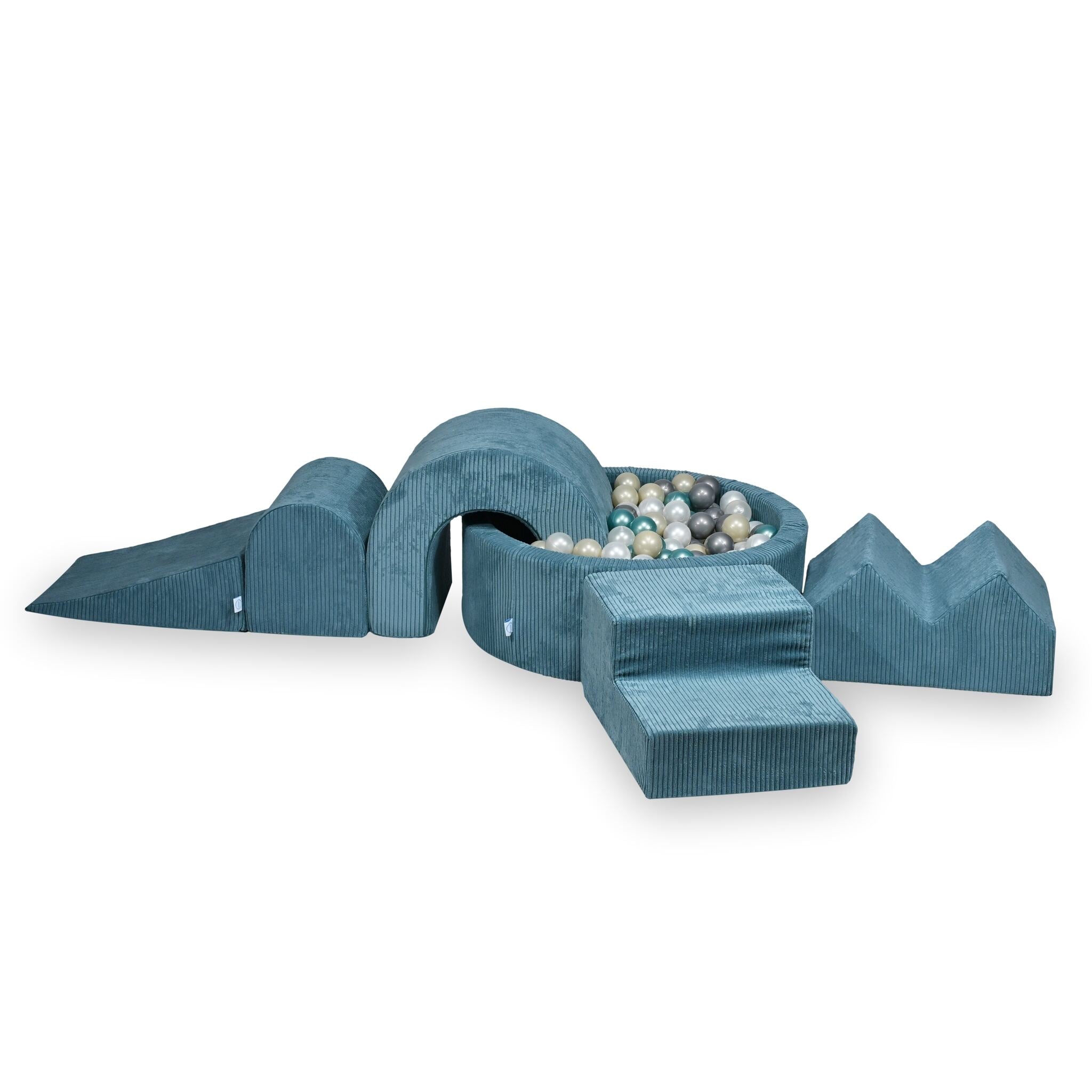 Schaumstoffspielbereich mit rundem, 90x30 cm großem, blau geripptem Pool + 5 Elementen + 200 Bällen