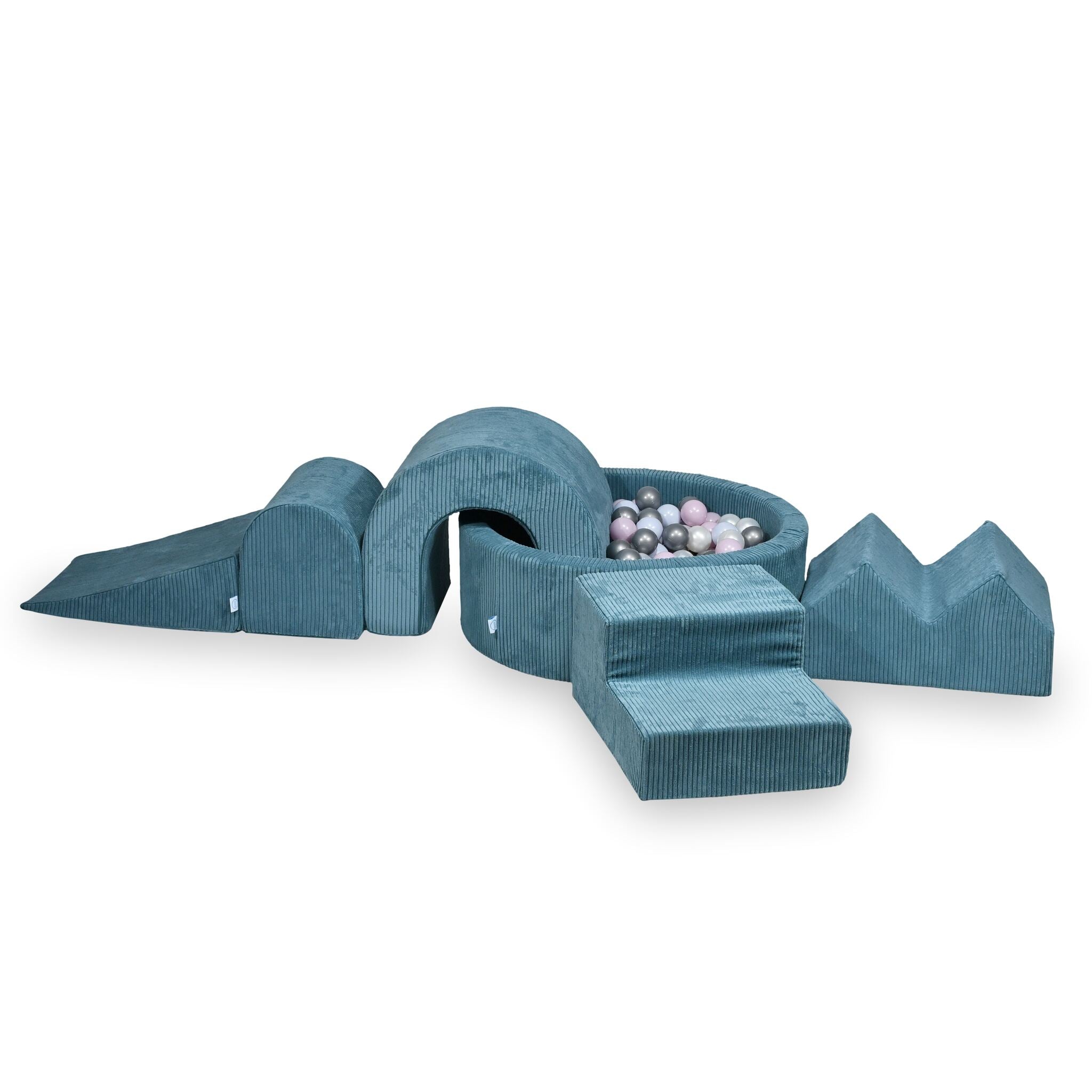 Schaumstoffspielbereich mit rundem, 90x30 cm großem, blau geripptem Pool + 5 Elementen + 200 Bällen