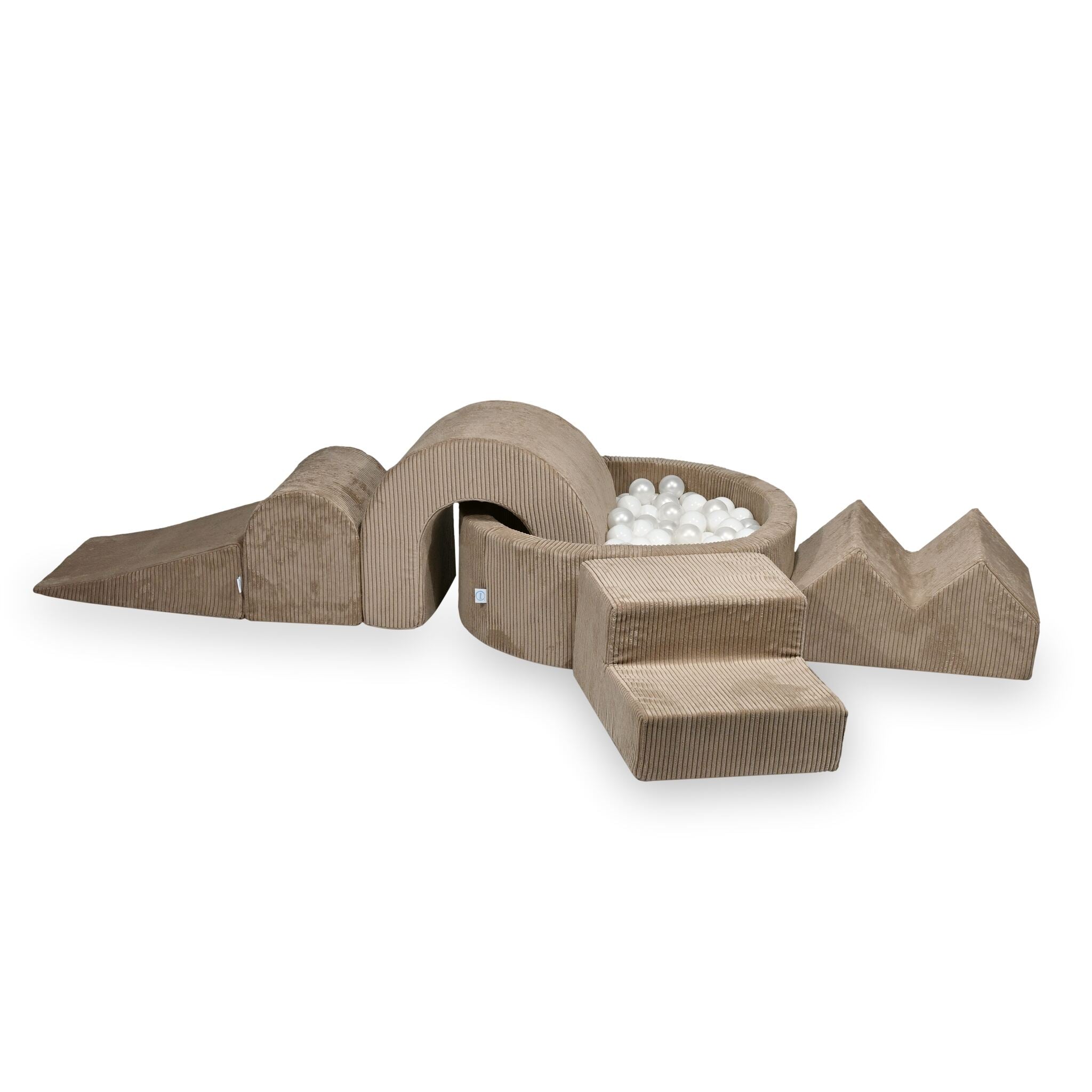 Schaumstoffspielbereich mit rundem, 90 x 30 cm großem, geripptem Toffee-Poolbecken + 5 Elementen + 200 Bällen