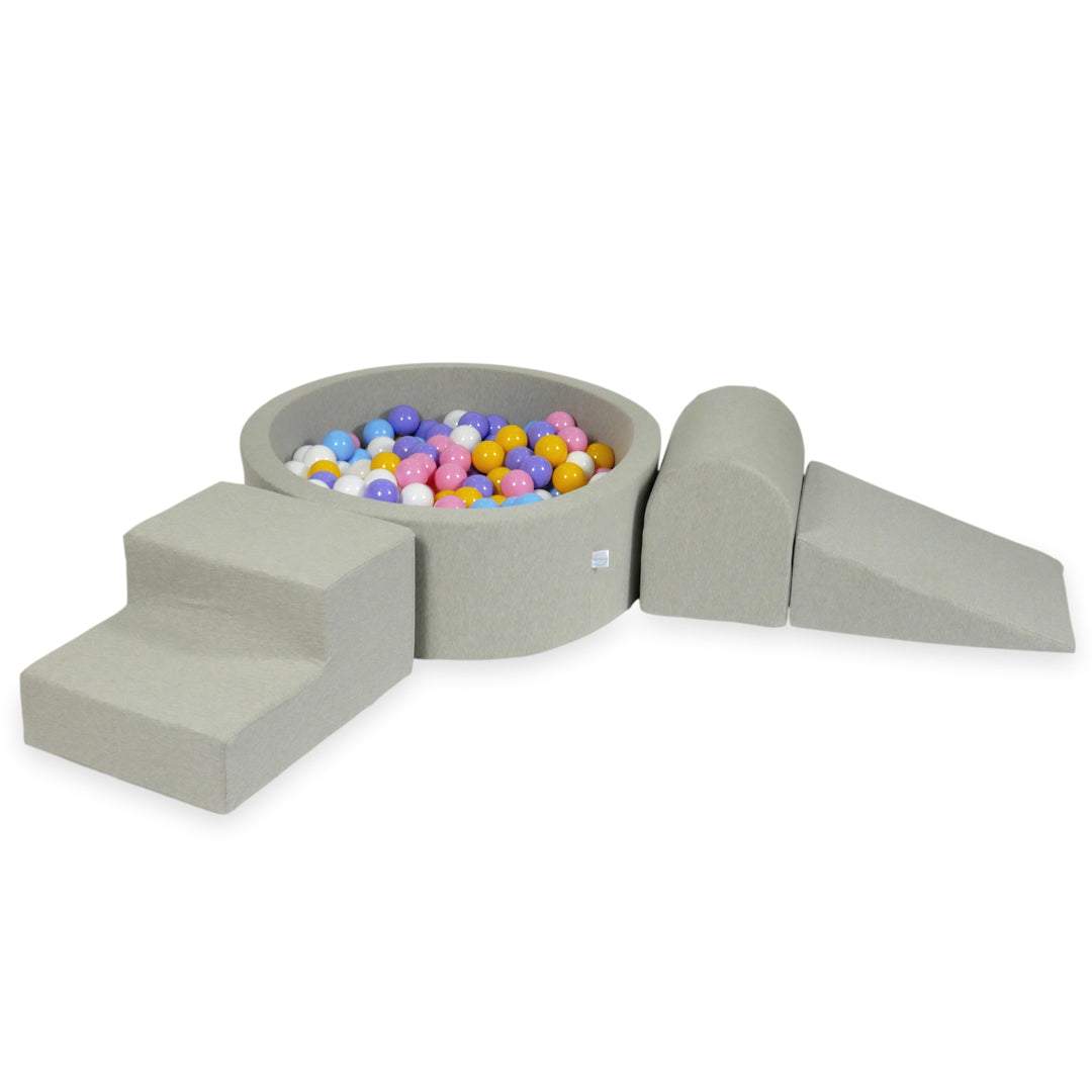 Schaumstoffspielbereich mit Hügel und hellgrauem Mini-Pool + 100 Bälle (hellgold, perlmuttfarben, silber, transparent)