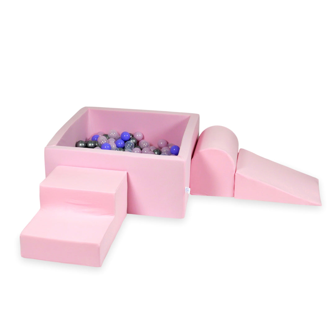 Schaumstoffspielbereich mit Hügel und puderrosa Mini-Pool + 100 Bälle (Perlmutt, Silber, Hellrosa)