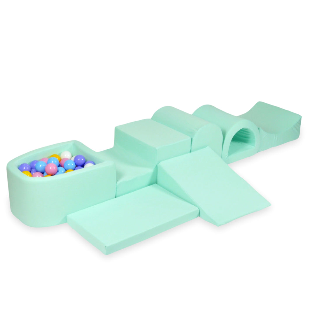 Schaumstoffspielbereich mit Hügel und Mini-Minzbecken + 100 Bälle (hellblau, gelb, meliert, puderrosa, weiß)