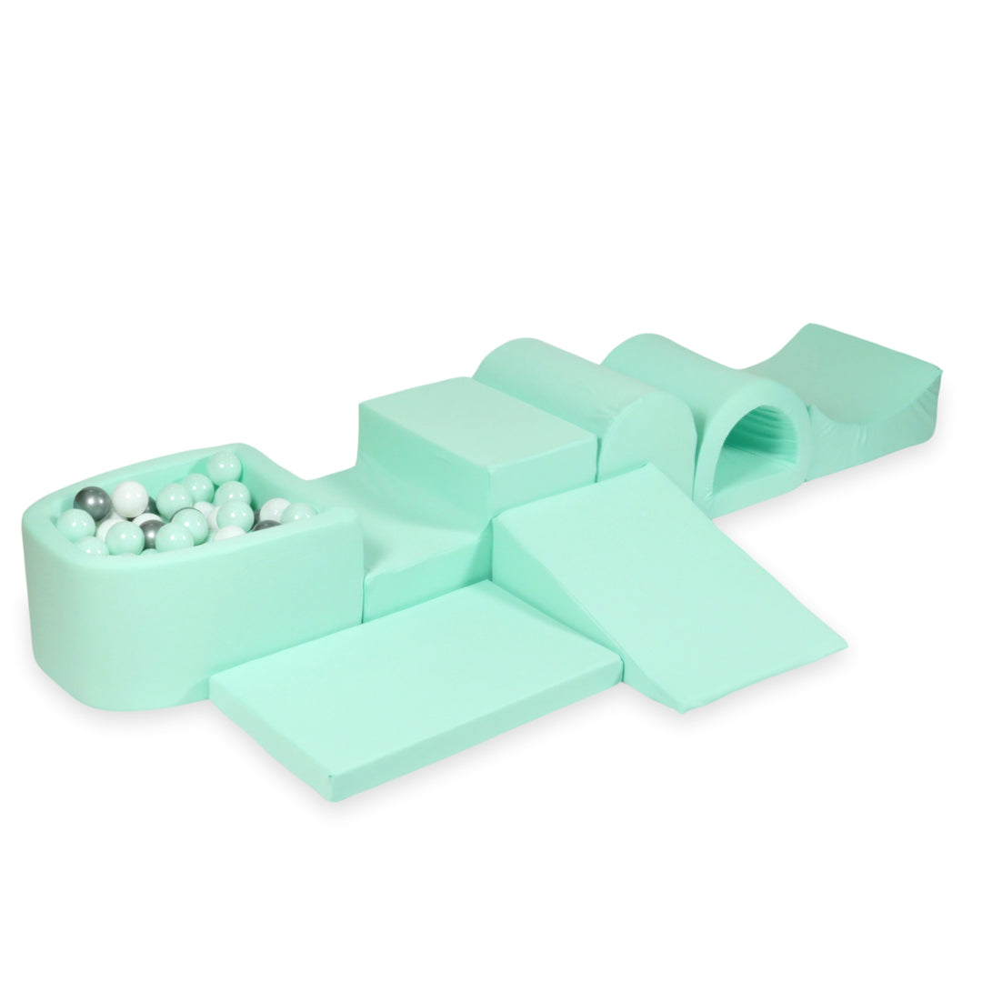 Schaumstoffspielbereich mit Hügel und Mini-Minzbecken + 100 Bälle (hellblau, gelb, meliert, puderrosa, weiß)