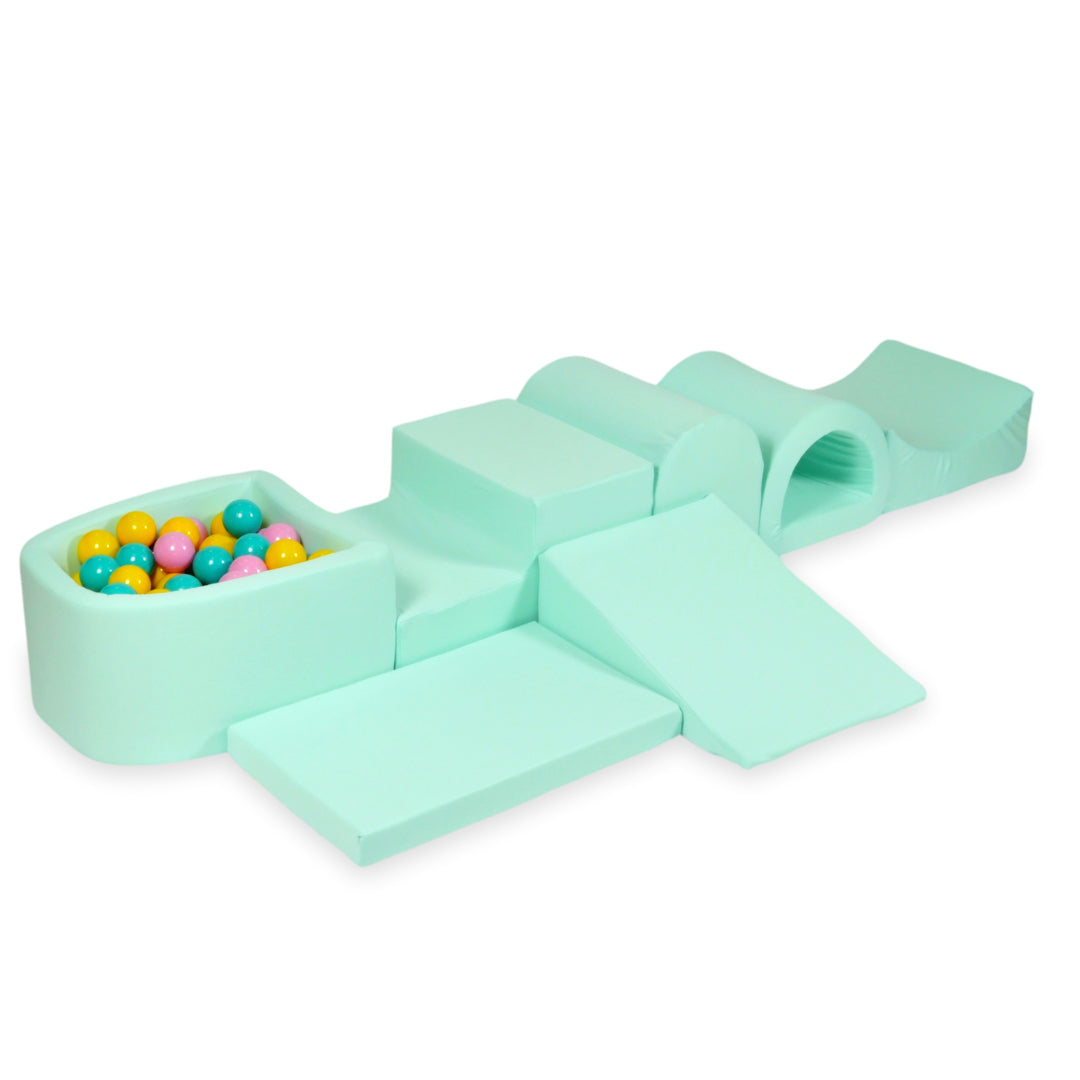 Schaumstoffspielbereich mit Hügel und Mini-Minzbecken + 100 Bälle (hellblau, gelb, meliert, puderrosa, weiß)