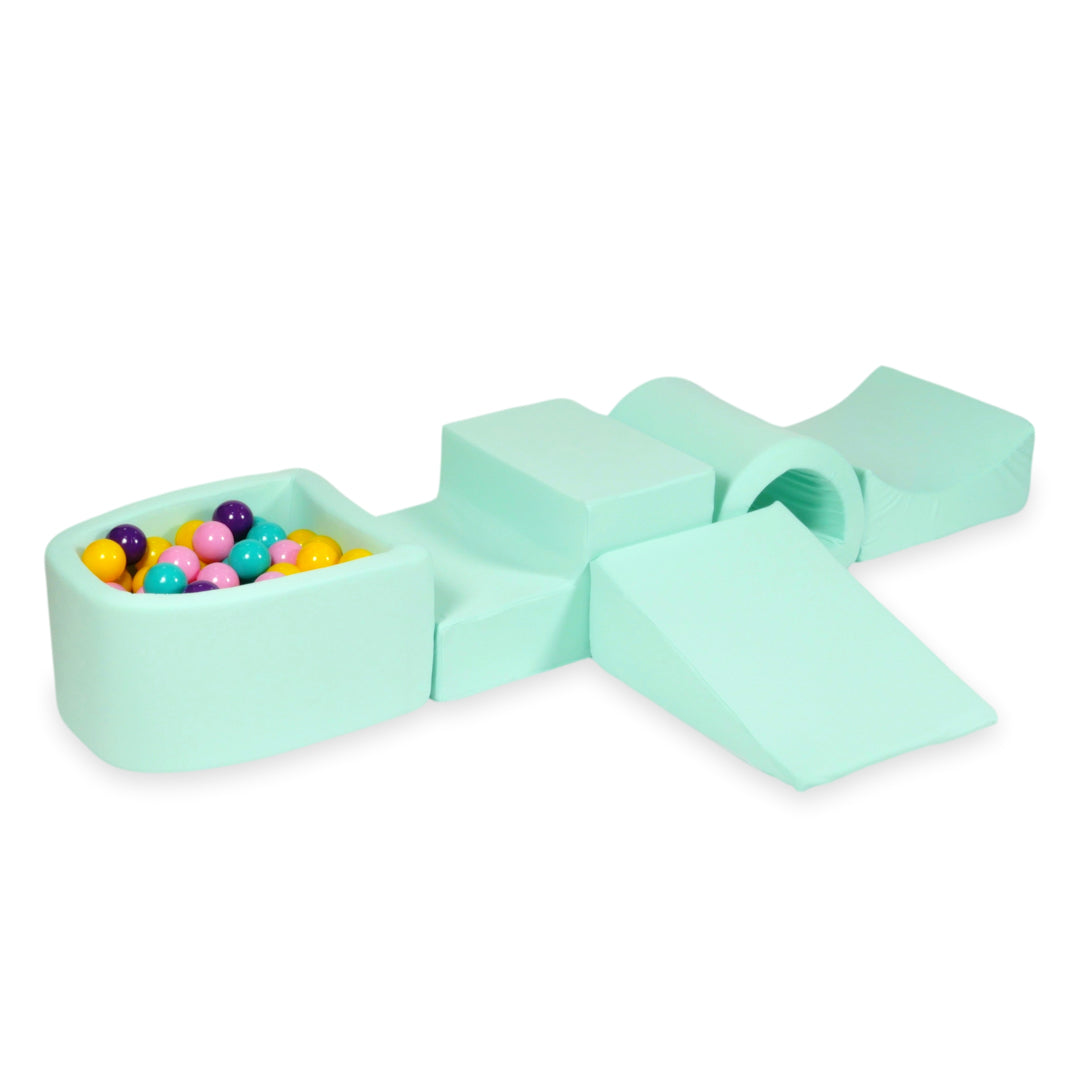 Schaumstoffspielbereich mit Hügel und Mini-Minzbecken + 100 Bälle (hellblau, gelb, meliert, puderrosa, weiß)