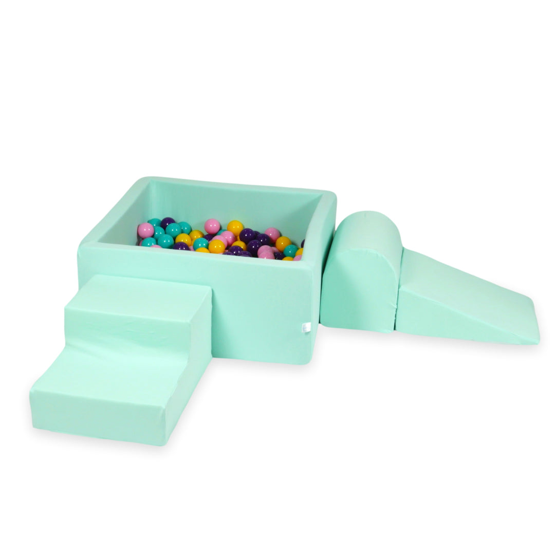 Schaumstoffspielbereich mit Hügel und Mini-Minzbecken + 100 Bälle (hellblau, gelb, meliert, puderrosa, weiß)