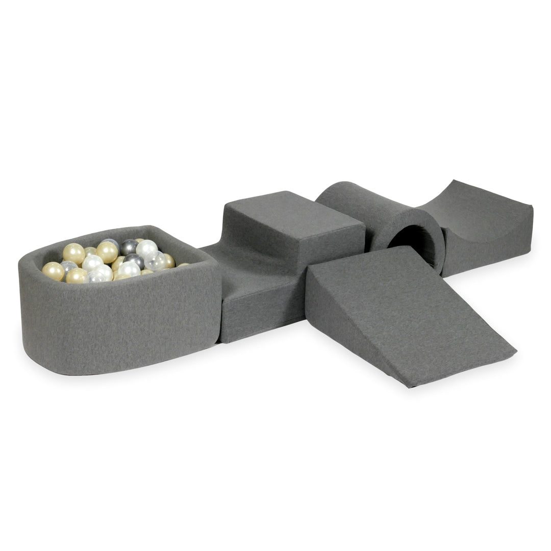 Schaumstoffspielbereich mit Hügel und kleinem grauen Pool + 100 Bälle (metallic türkis, türkis, grau, weiß)