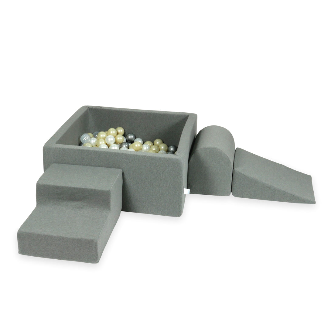 Schaumstoffspielbereich mit Hügel und kleinem grauen Pool + 100 Bälle (metallic türkis, türkis, grau, weiß)