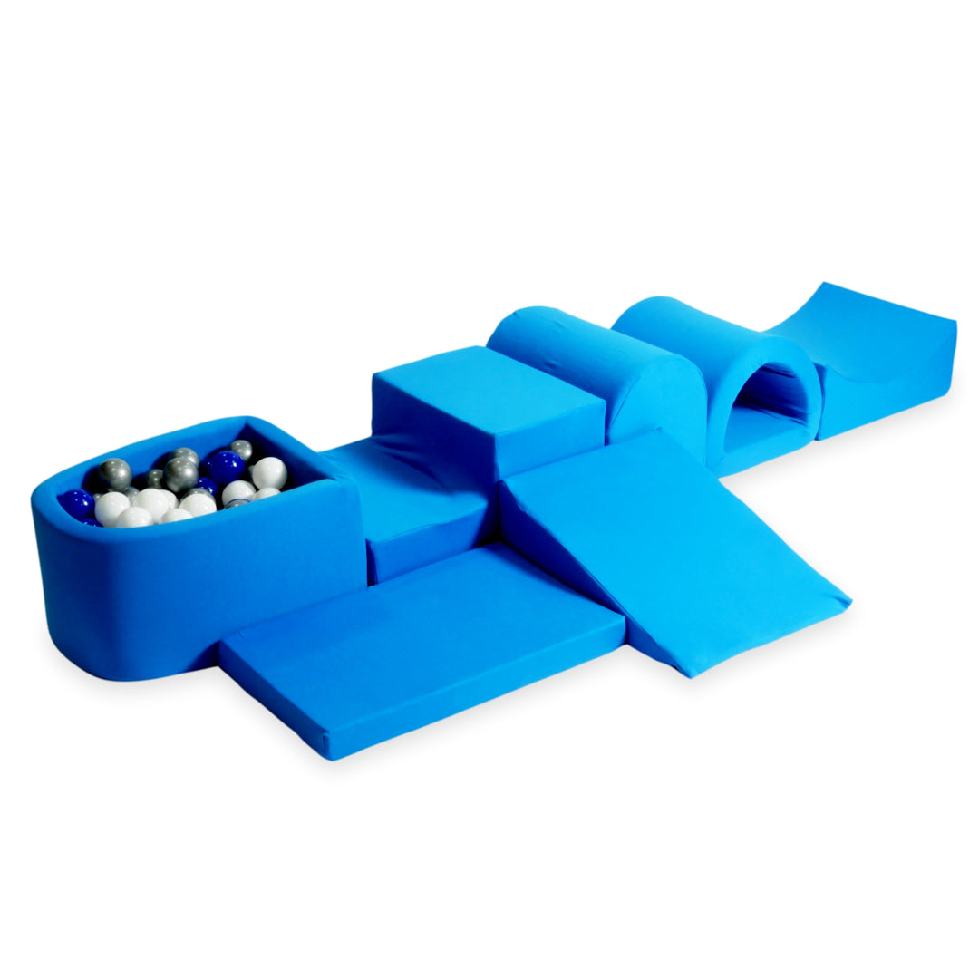 Schaumstoffspielbereich mit Hügel und blauem Mini-Pool + 100 Bälle (türkis, weiß, grau)
