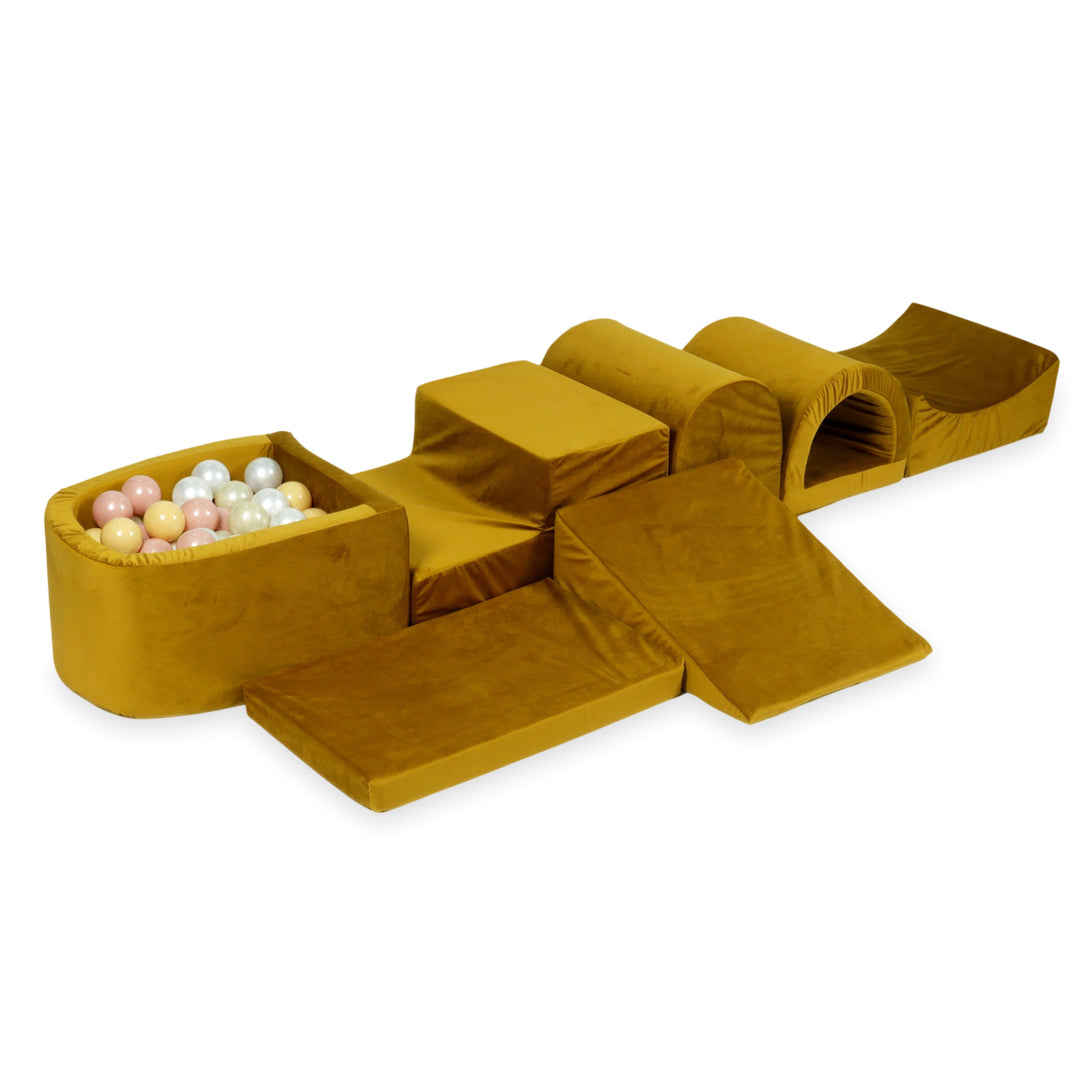 Schaumstoffspielbereich mit Hügel und Mikro-Samt-Goldpool + 100 Bälle (hellgold, perlmuttfarben, silber, transparent)