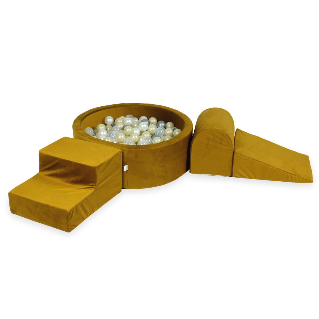 Schaumstoffspielbereich mit Hügel und Mikro-Samt-Goldpool + 100 Bälle (hellgold, perlmuttfarben, silber, transparent)