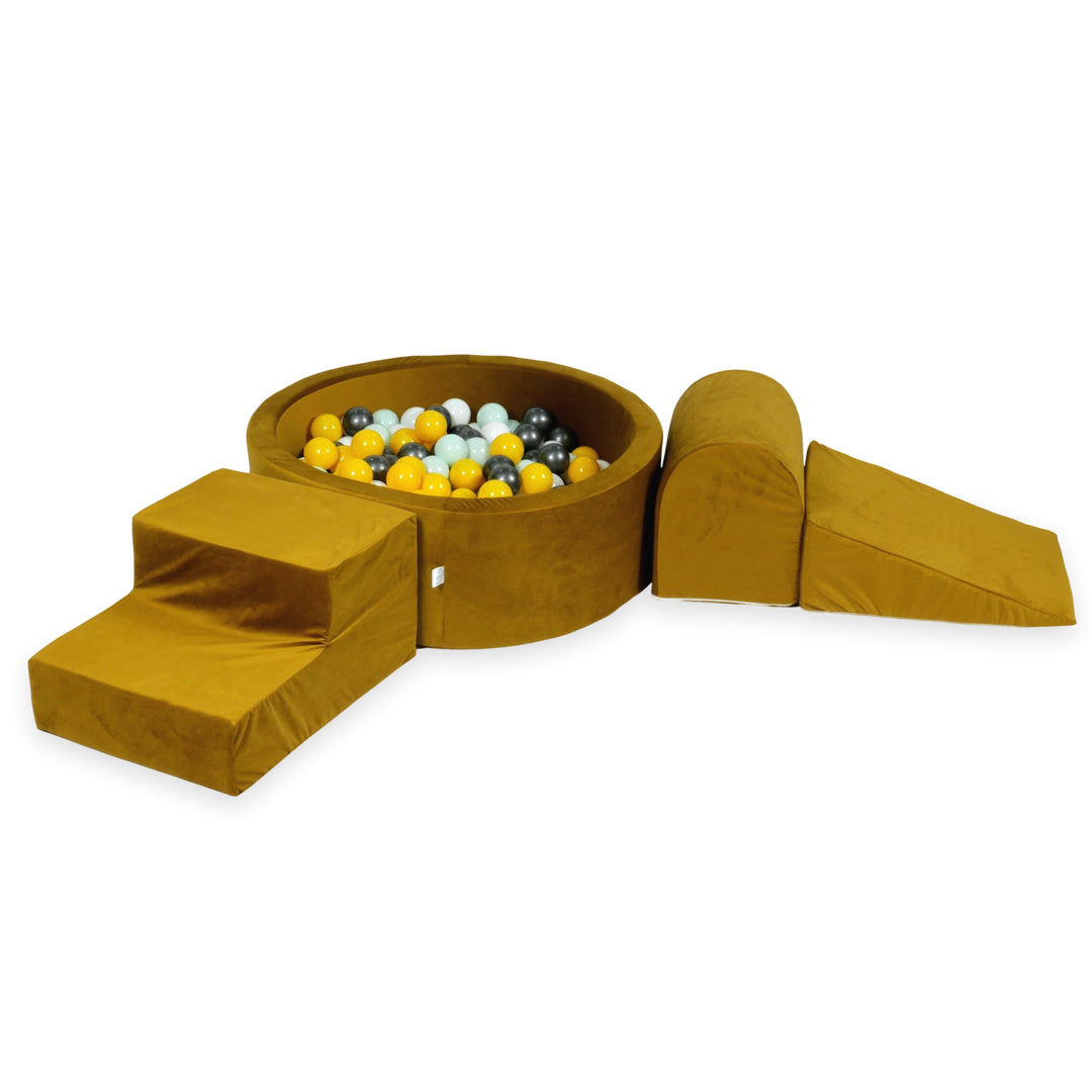 Schaumstoffspielbereich mit Hügel und Mikro-Samt-Goldpool + 100 Bälle (hellgold, perlmuttfarben, silber, transparent)