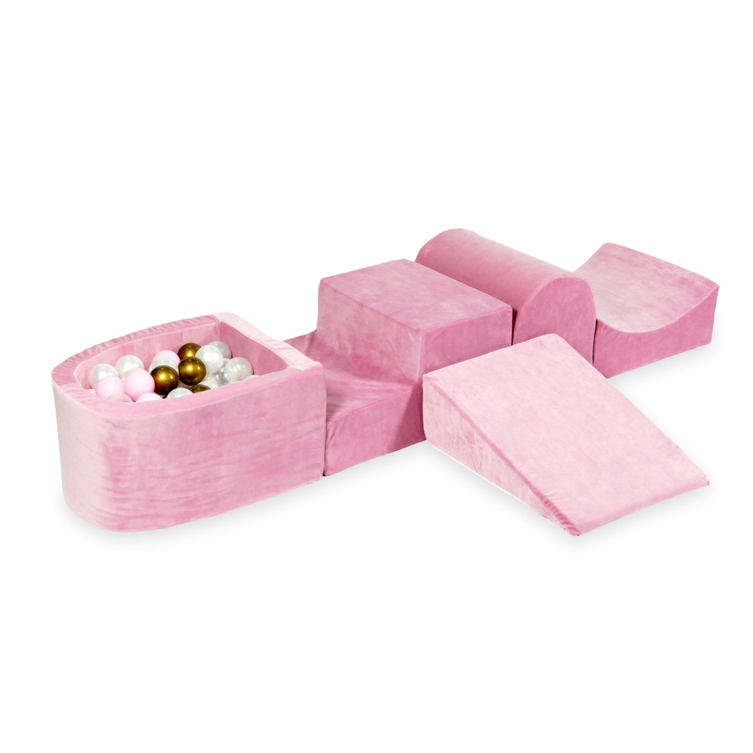 Schaumstoffspielbereich mit Hügel und Pool, weicher, rosa Mikrofaser-Samt + 100 Bälle