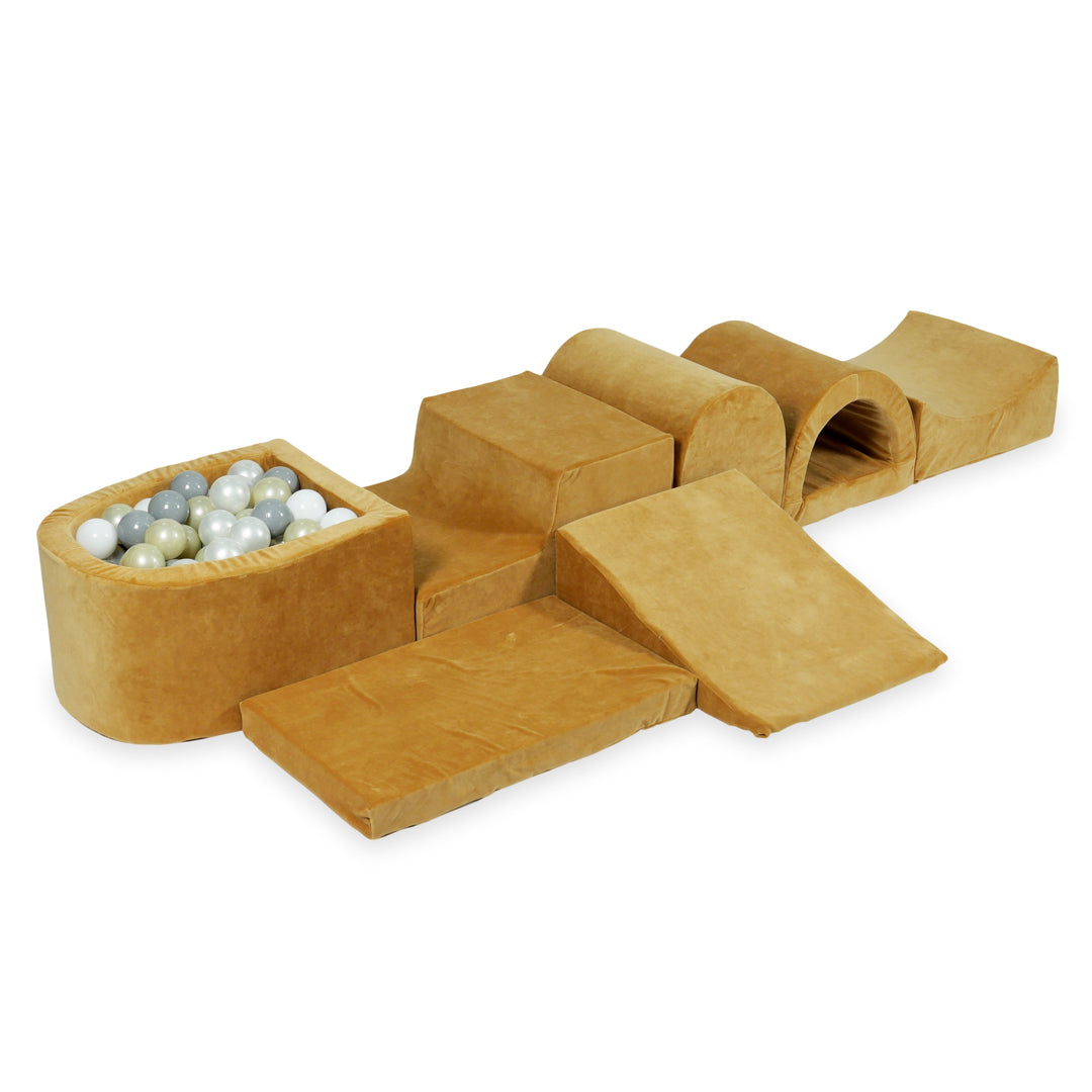 Schaumstoffspielbereich mit Hügel und mikrofein samtweichem Karamellbecken + 100 Bälle (transparent, weiß, perlmuttfarben, grau, hellgold)