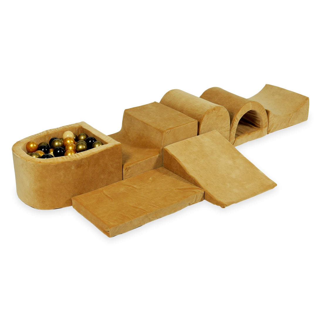 Schaumstoffspielbereich mit Hügel und mikrofein samtweichem Karamellbecken + 100 Bälle (transparent, weiß, perlmuttfarben, grau, hellgold)