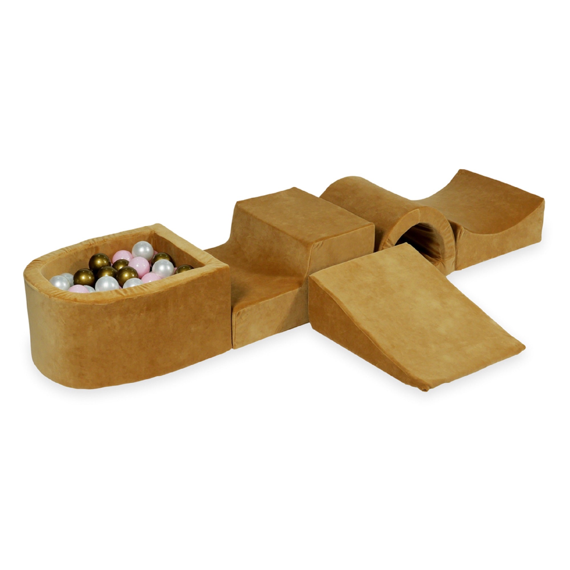 Schaumstoffspielbereich mit Hügel und mikrofein samtweichem Karamellbecken + 100 Bälle (transparent, weiß, perlmuttfarben, grau, hellgold)