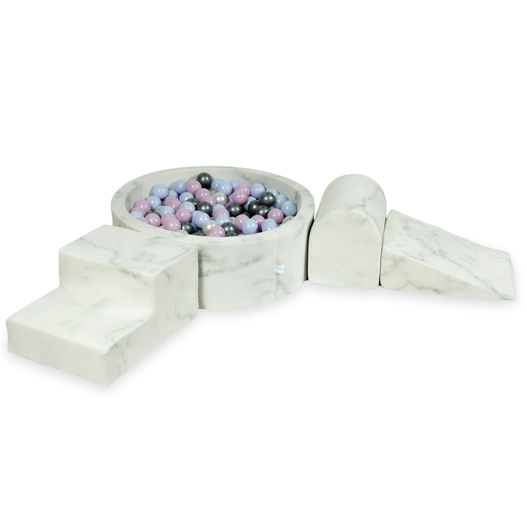 Schaumstoffspielbereich mit Hügel und Mikro-Murmelbecken + 100 Bälle (blaue Perle, rosa Perle, Perle, Silber)