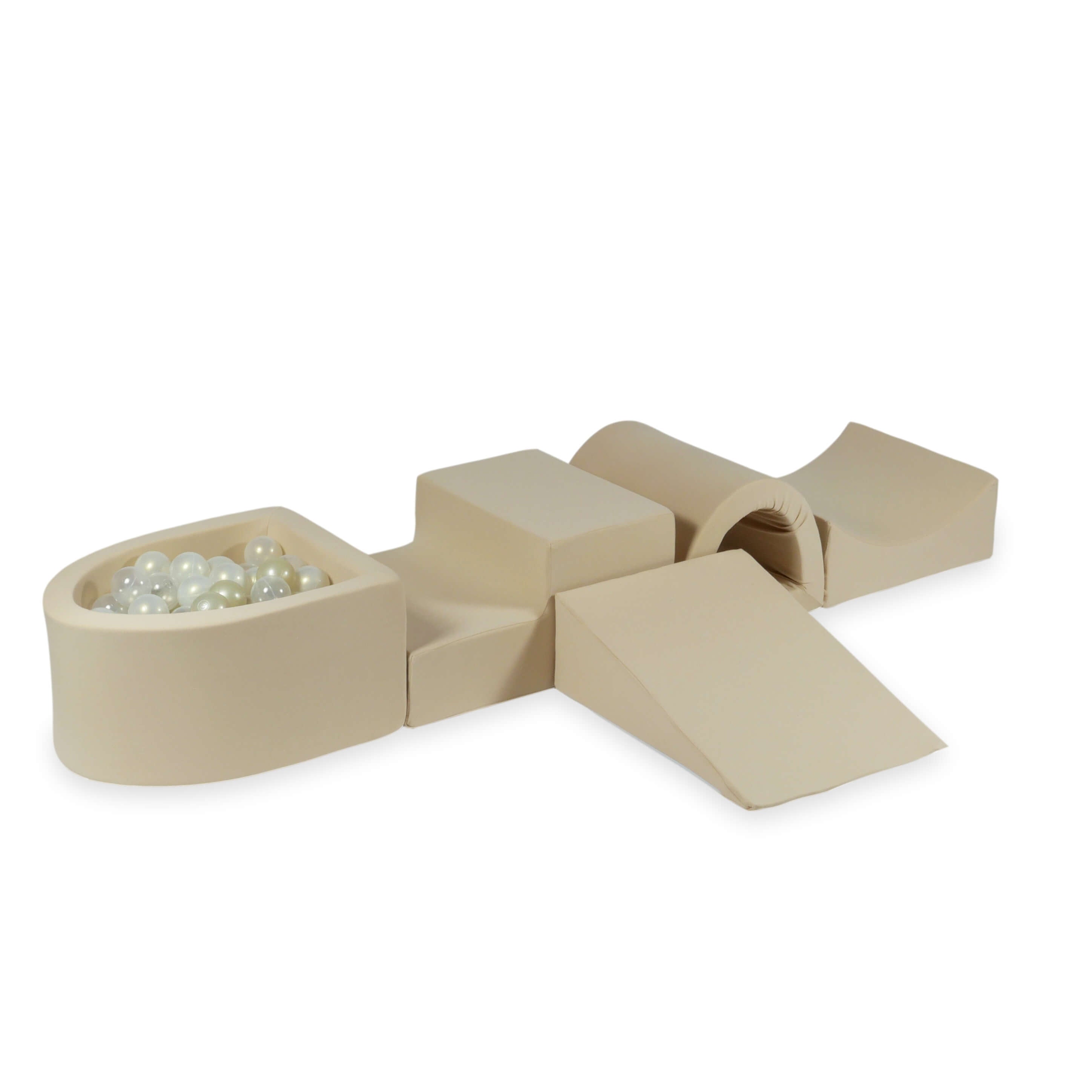 Beige Schaumstoff-Spielbereich mit Brücke und Mini-Pool